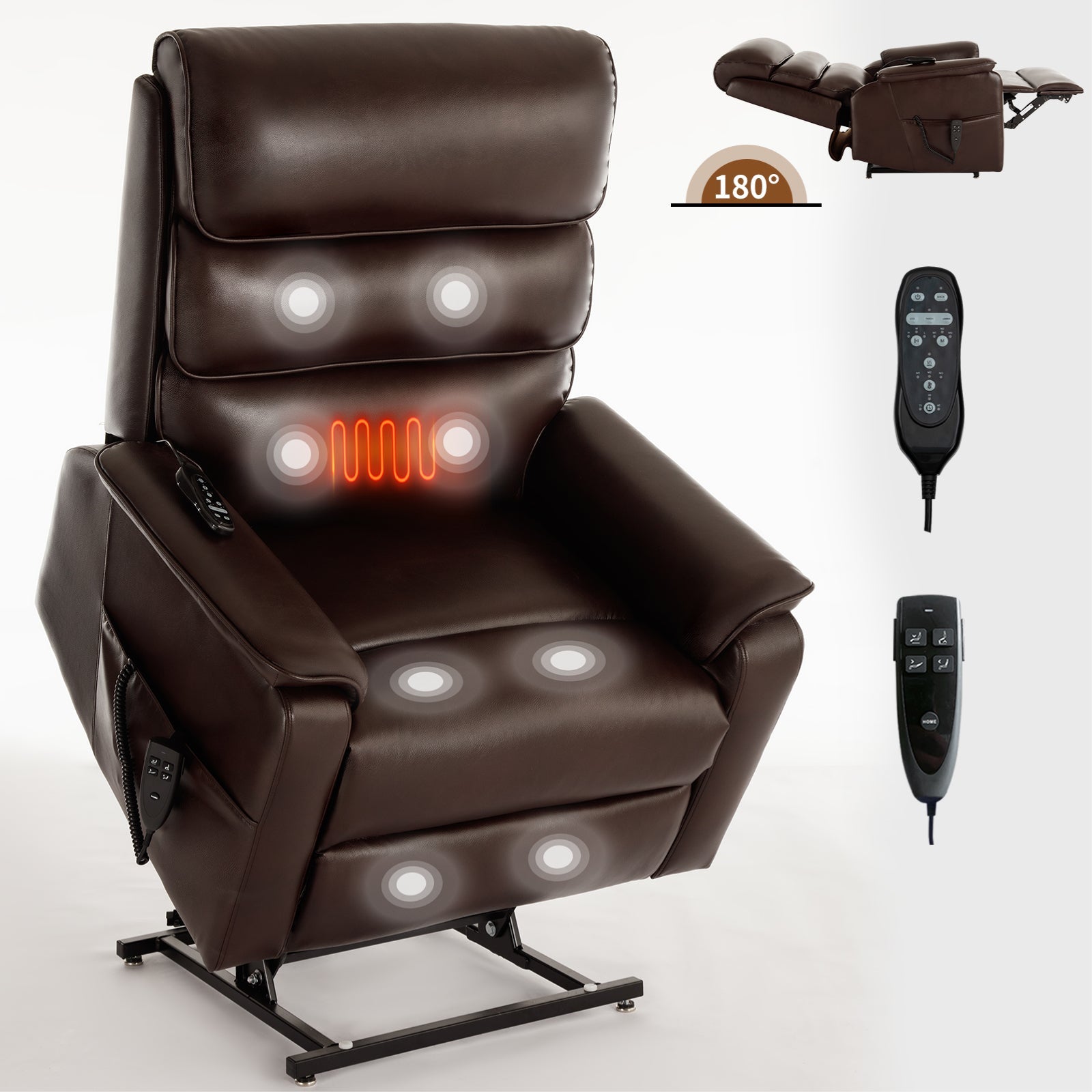 Brown Leather Power Lift Recliner Chair 350 LBS Heat Massage