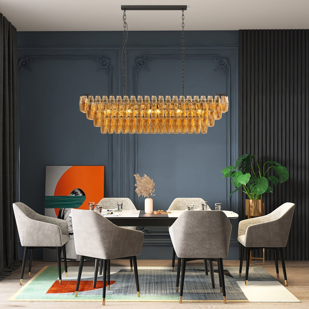 Chandelier Rectangle Black 12-Light 4-Tier Smoke Glass 54 In Farmhouse
