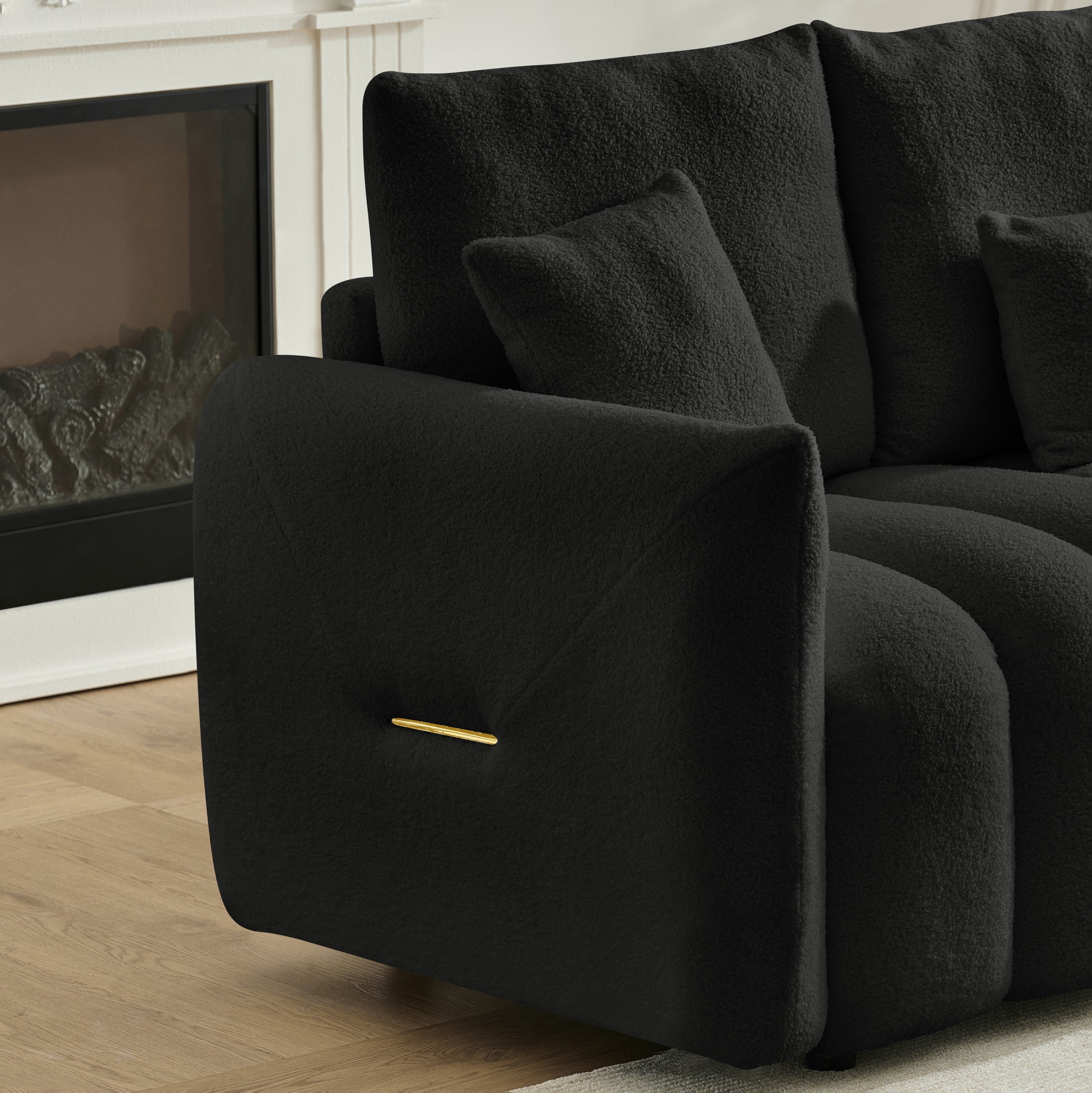 Sectional Sofa Teddy Fabric Black Console USB Cup Holder 3 Seat 330 LB