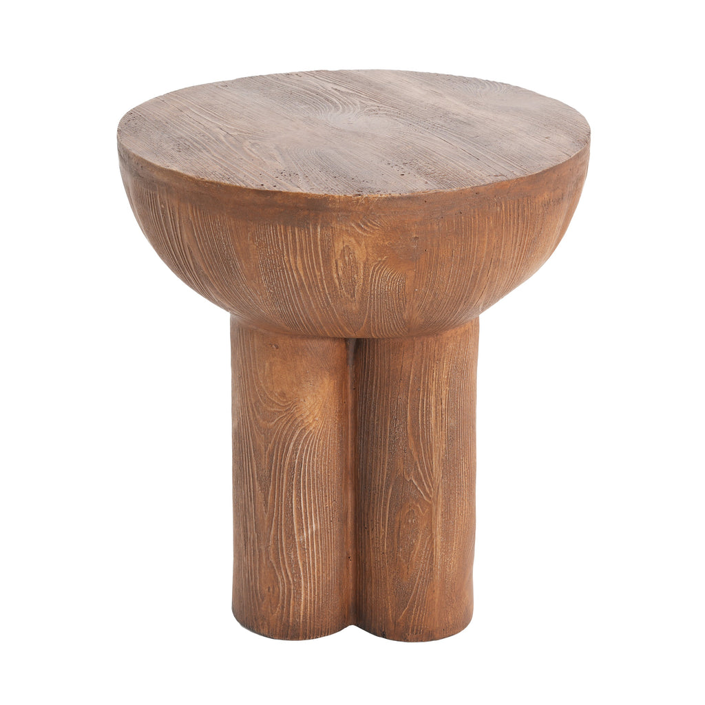 Iris Outdoor Round MGO Side Table Brown Wood-Grain Three-Leg