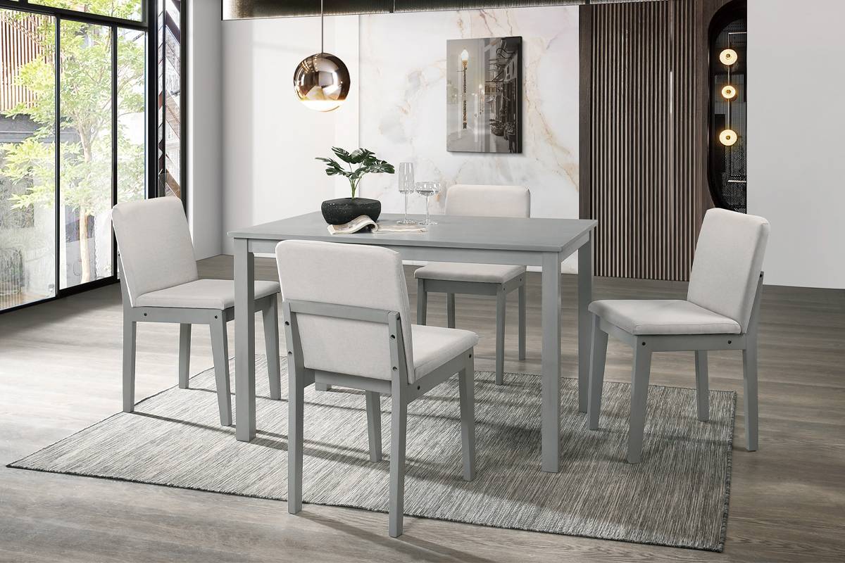 Grey 5-Piece Dining Set with Table and Beige Fabric Chairs