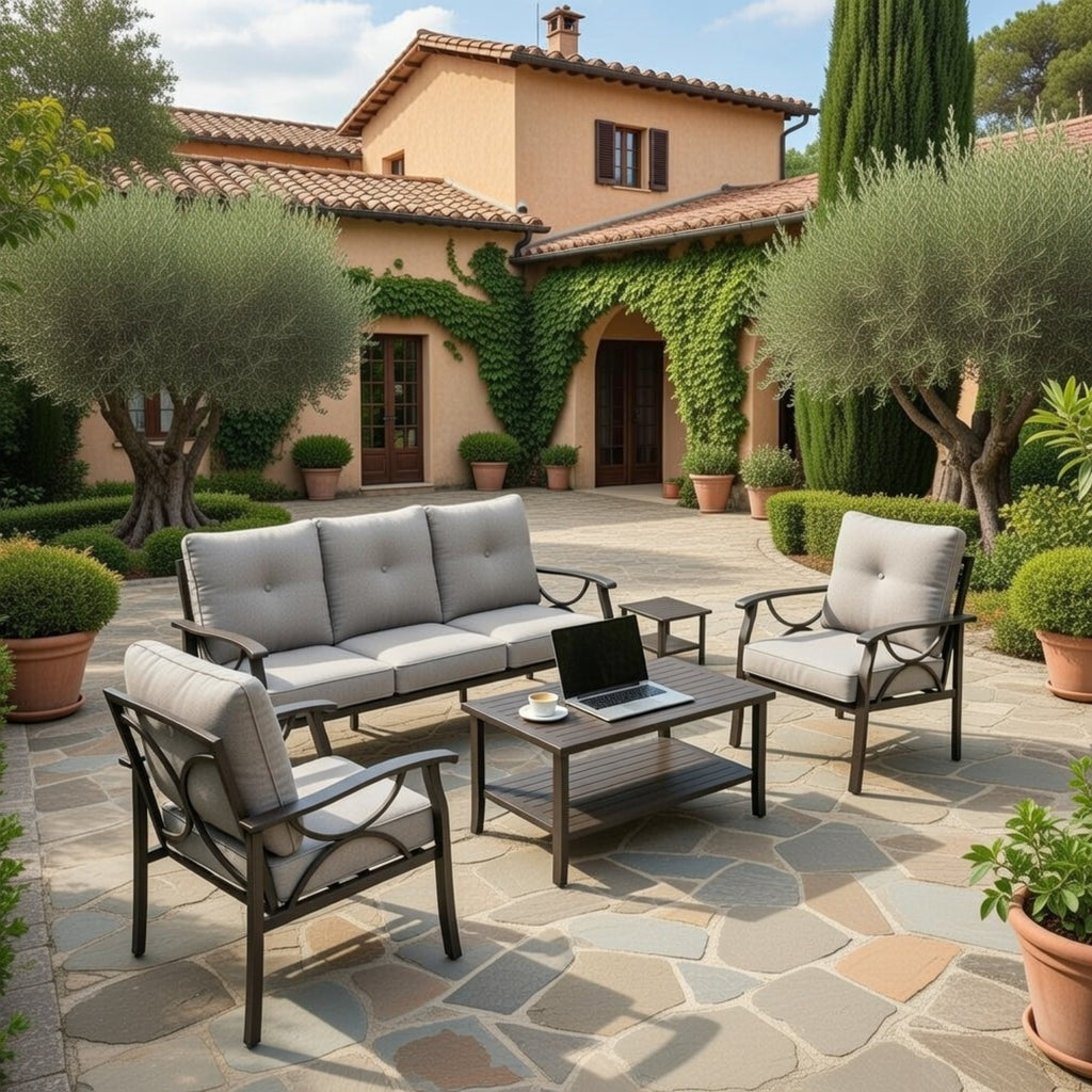 Outdoor Patio Set Steel 5 Piece Khaki Gray Cushions