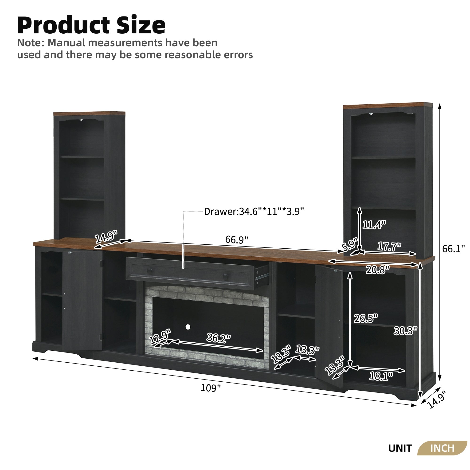 TV Stand 3-Piece Set MDF Walnut Gray Curved Cabinets Fits 70 In TV 109 In