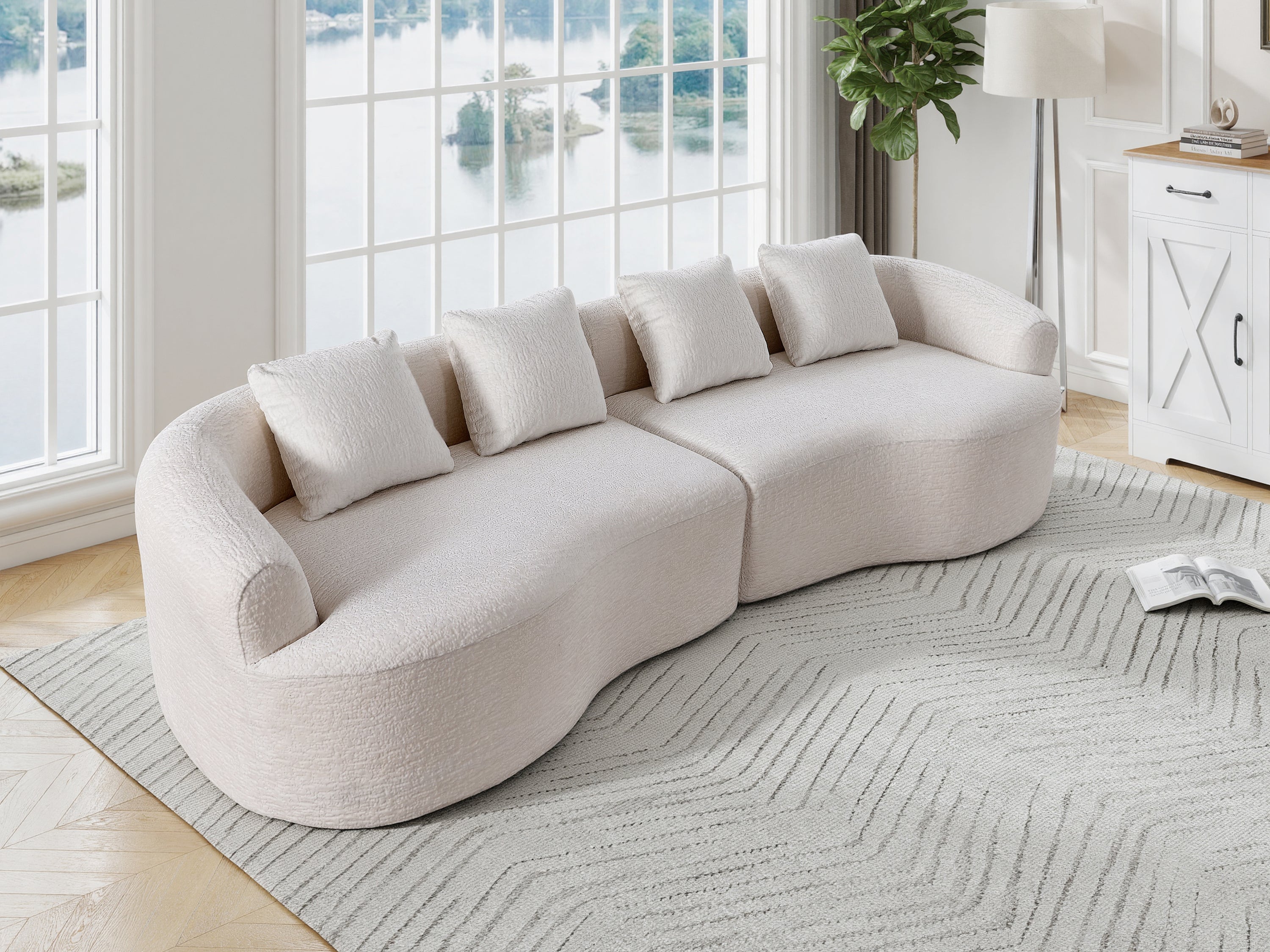 110" Curved Modular Sofa Bed, Green Chenille, 4-Seater