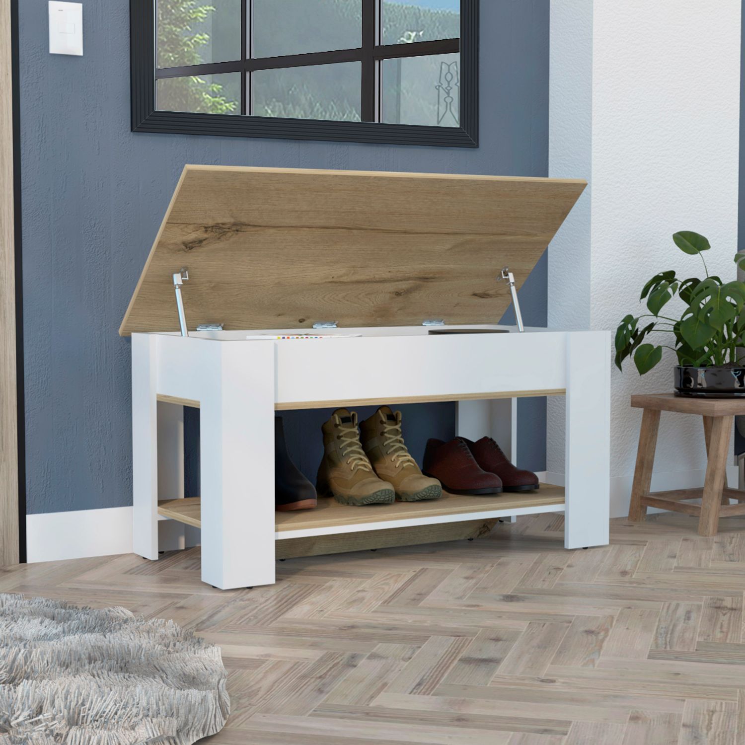 Storage Table with Lower Shelf, Light Oak White