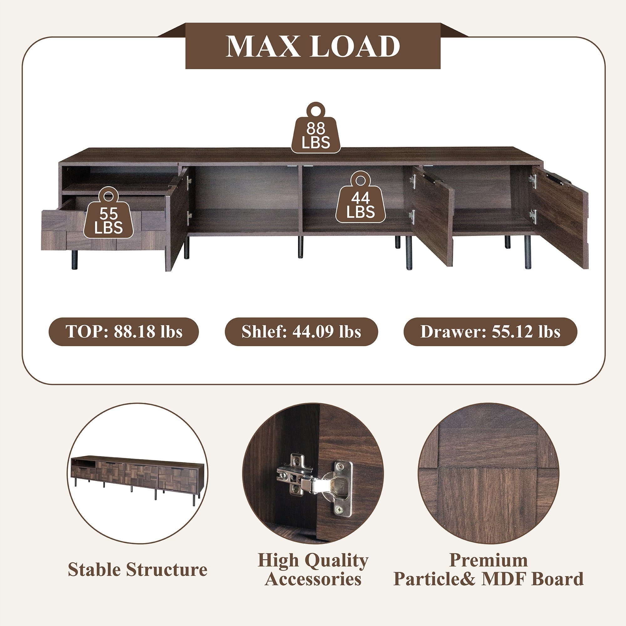 TV Stand Mid-Century Walnut MDF Soft-Close Doors Fits 85 In TV 78.7 In