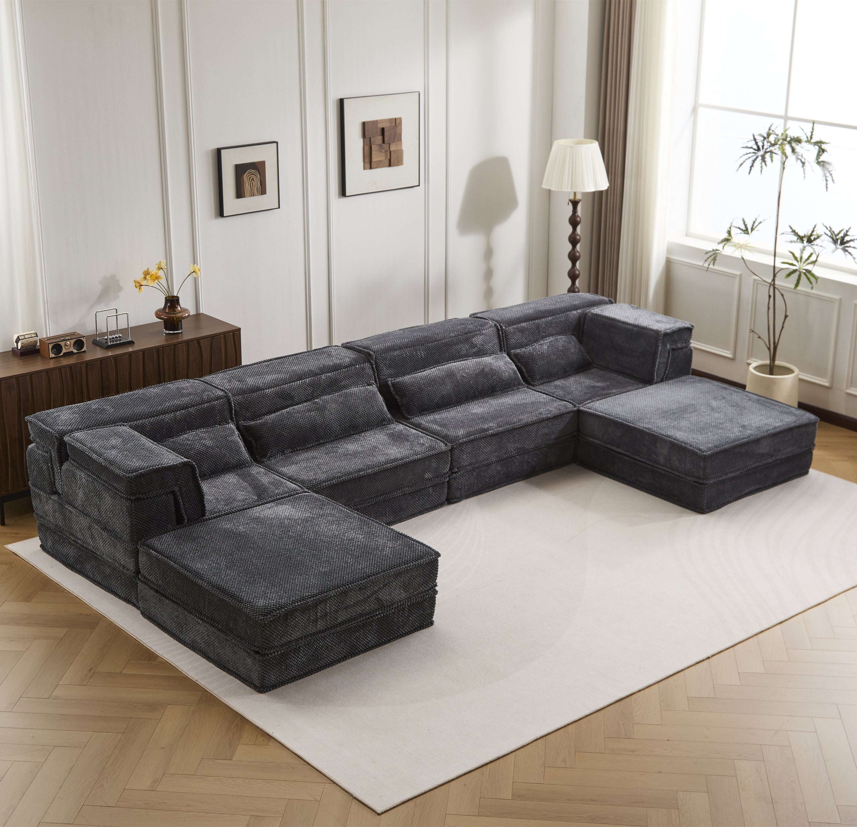 Sectional Sofa Bed Modular Circle Fleece Dark Gray 4 Seat 157 In Convertible