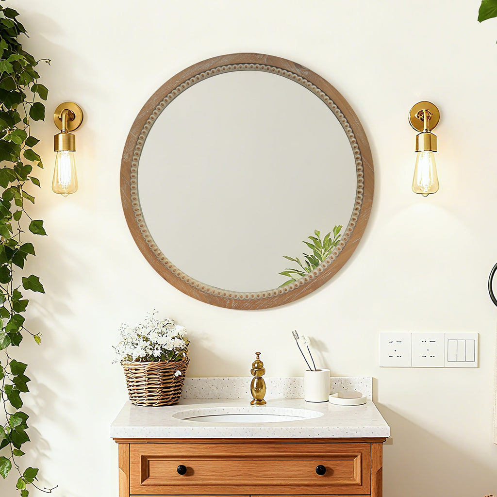 Round Beaded Wood Wall Mirror 23.62" Farmhouse Rustic