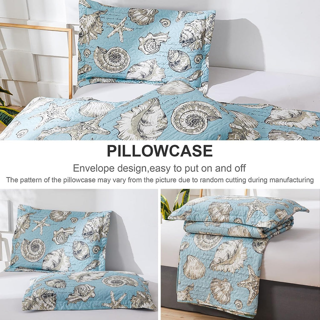 Beach Theme Quilt Set 3PC Seashell Starfish Coastal Ocean Bedspread