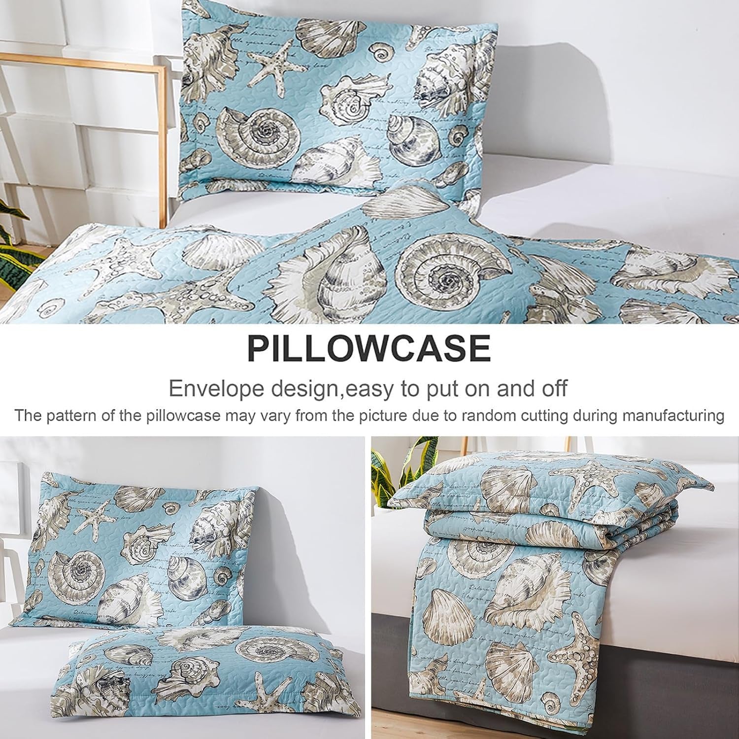 Beach Theme Quilt Set 3PC Seashell Starfish Coastal Ocean Bedspread