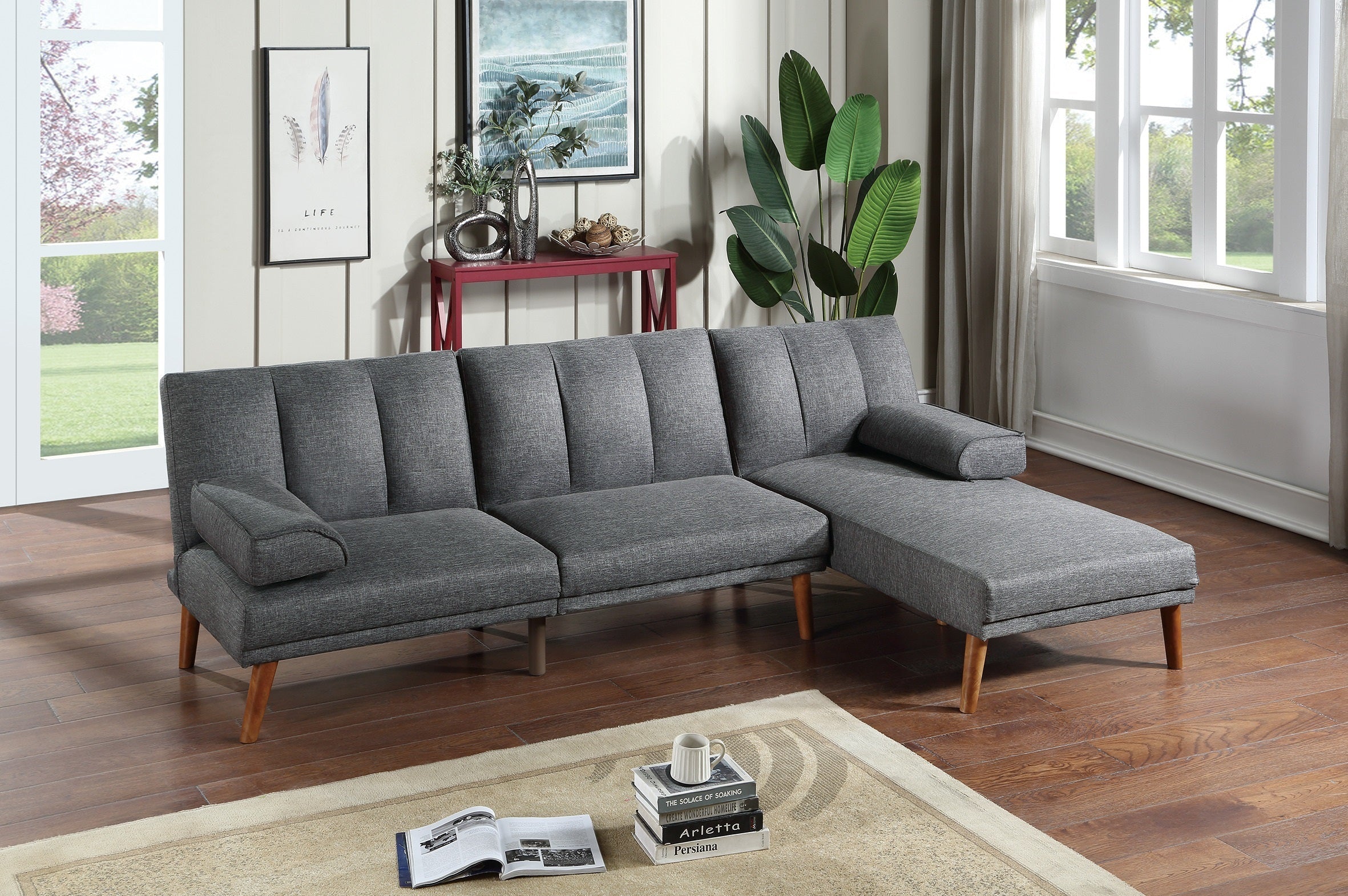 Blue Grey Polyfiber Chaise Lounge Couch Wood Legs