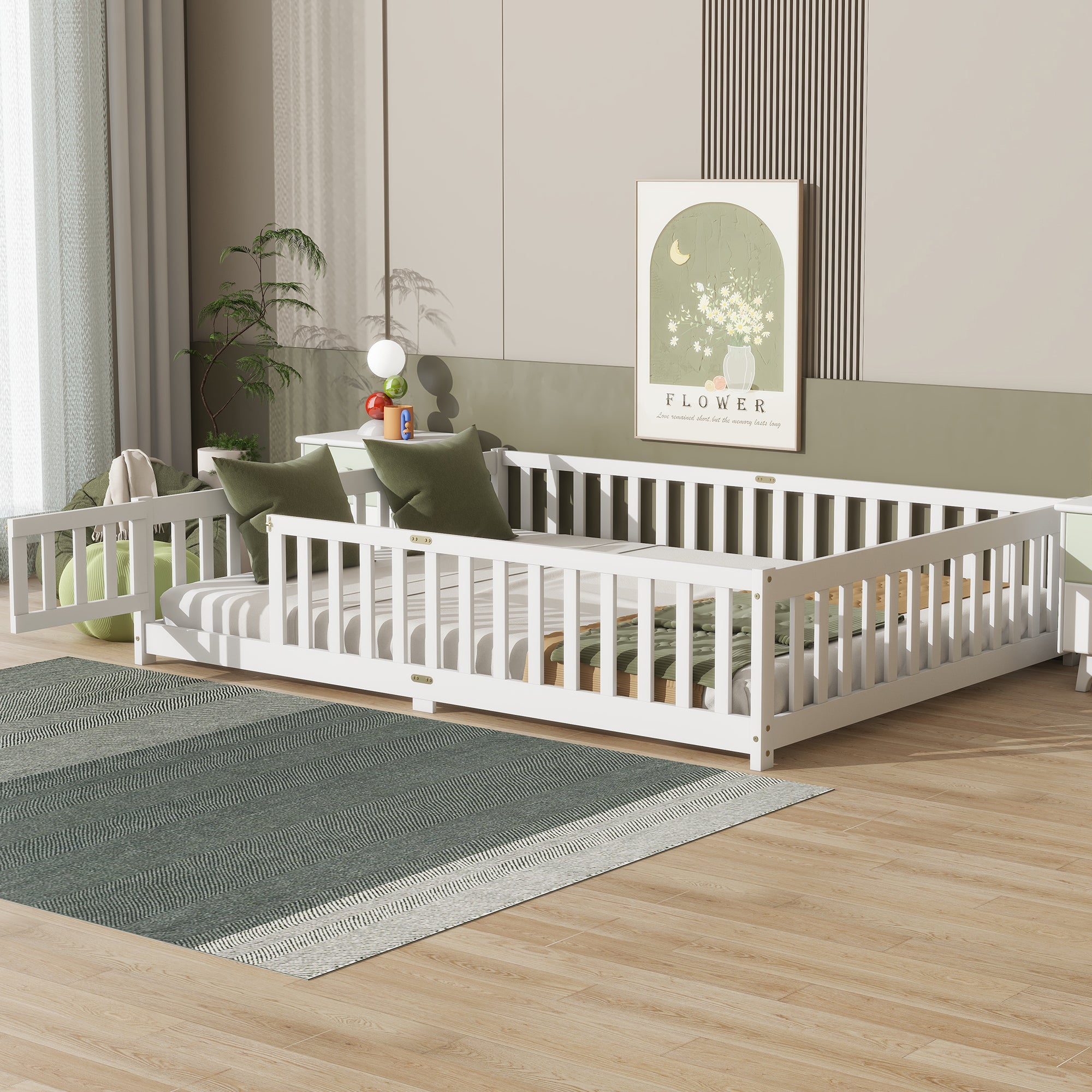 Queen Size Floor Bed with Safety Guardrails and Door