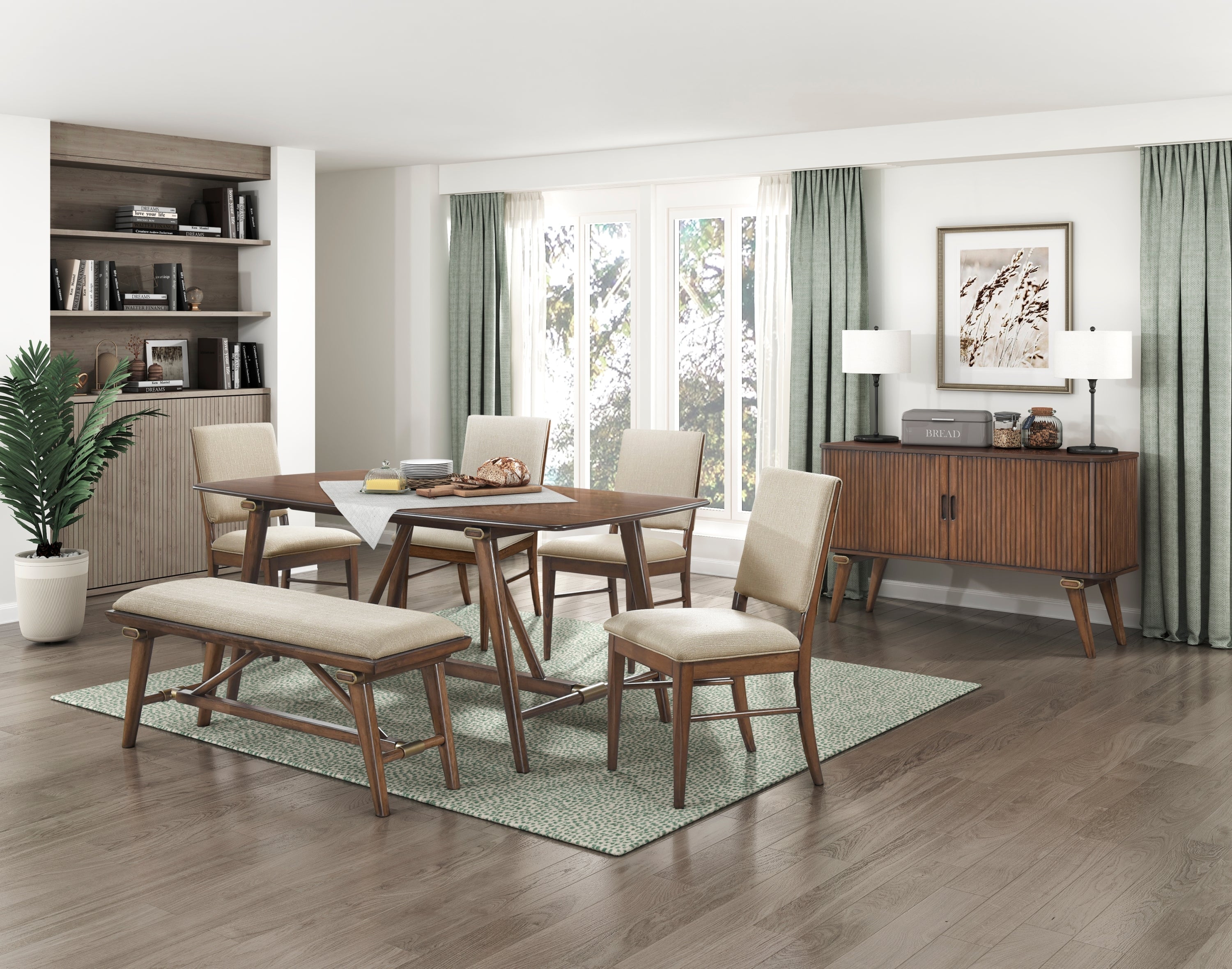 6pc Dining Set Table Bench 4 Side Chairs Brown Wood