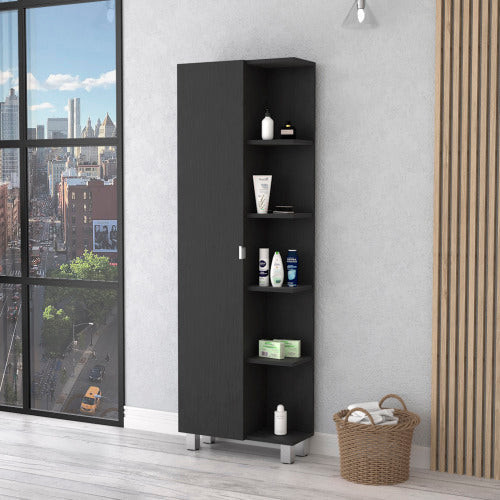 Linen Cabinet with Mirror - Open Shelves - Space Saving - Black