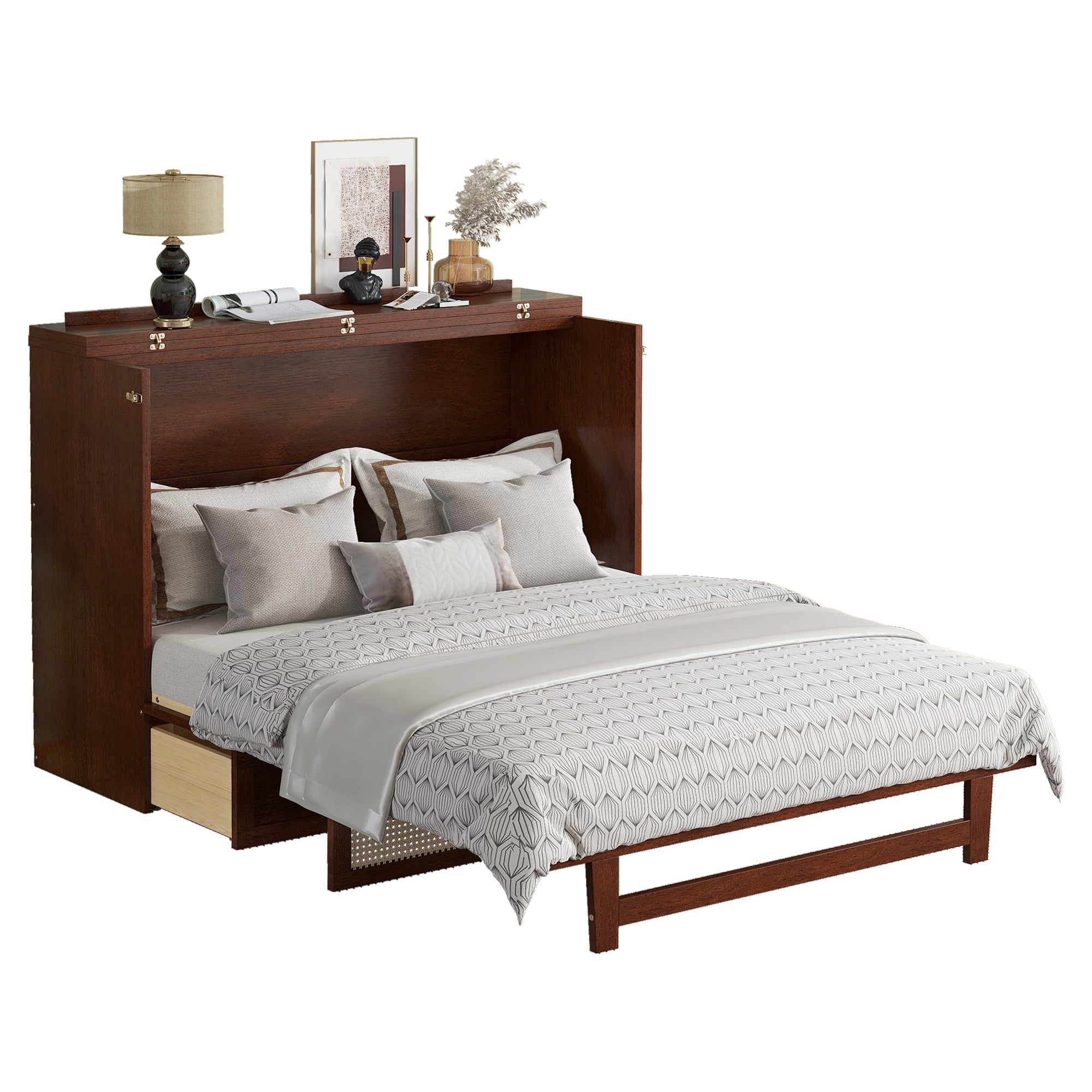 Queen Size Pine Wood Murphy Bed with Storage Drawer