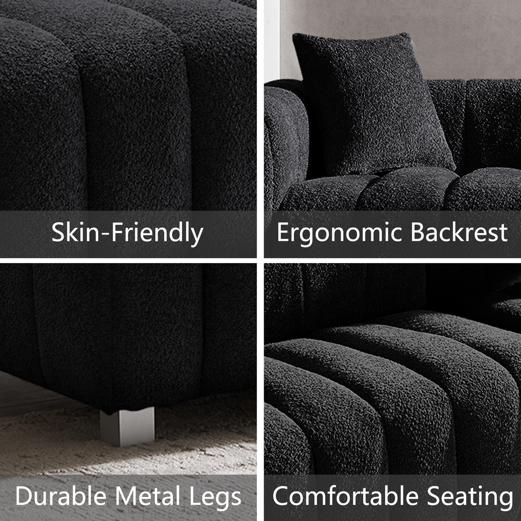 Sofa Modular Velvet Teddy Black 3 Seat Metal Legs 87 In 750 LB