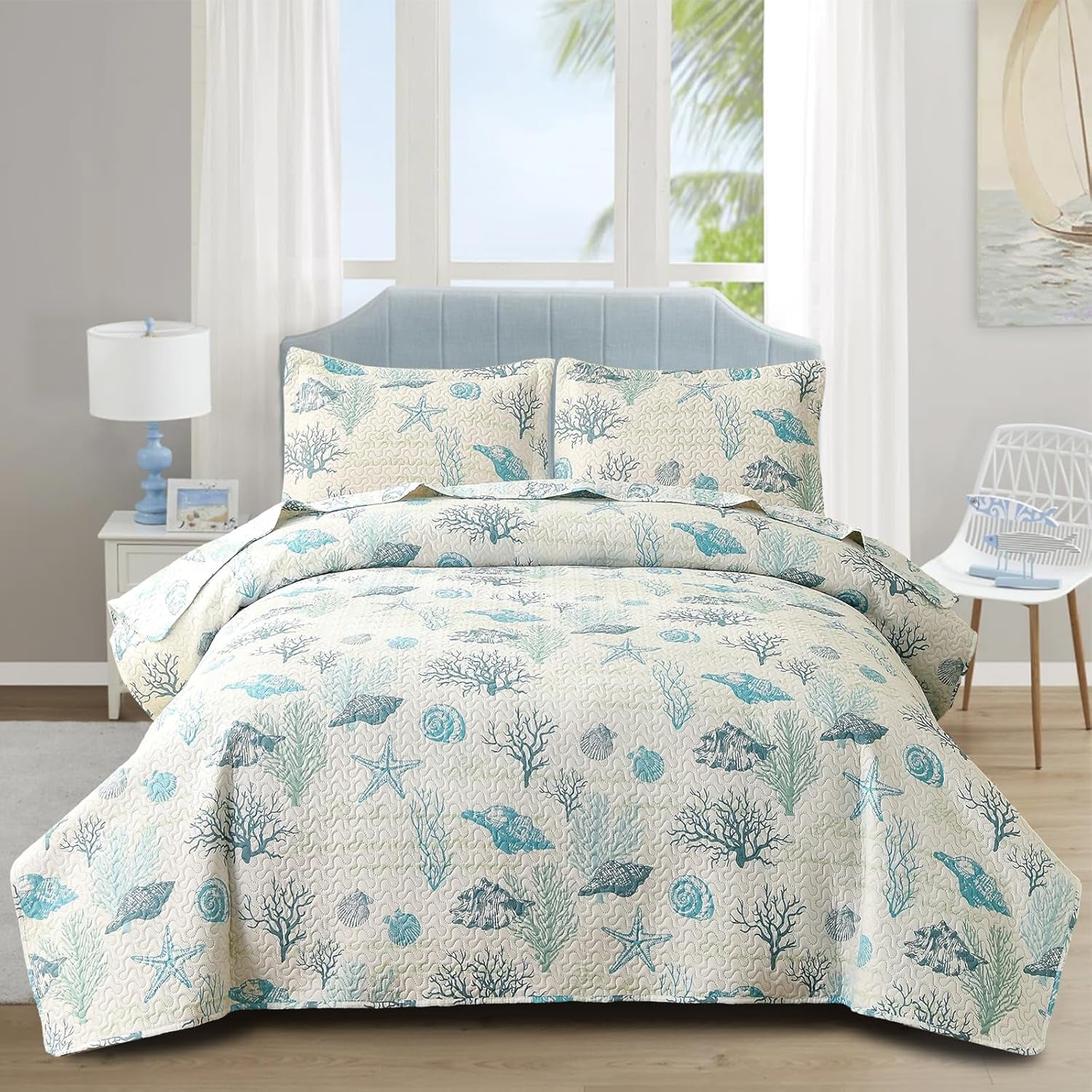 Beach Theme Quilt Set 3PC Seashell Starfish Coastal Ocean Bedspread