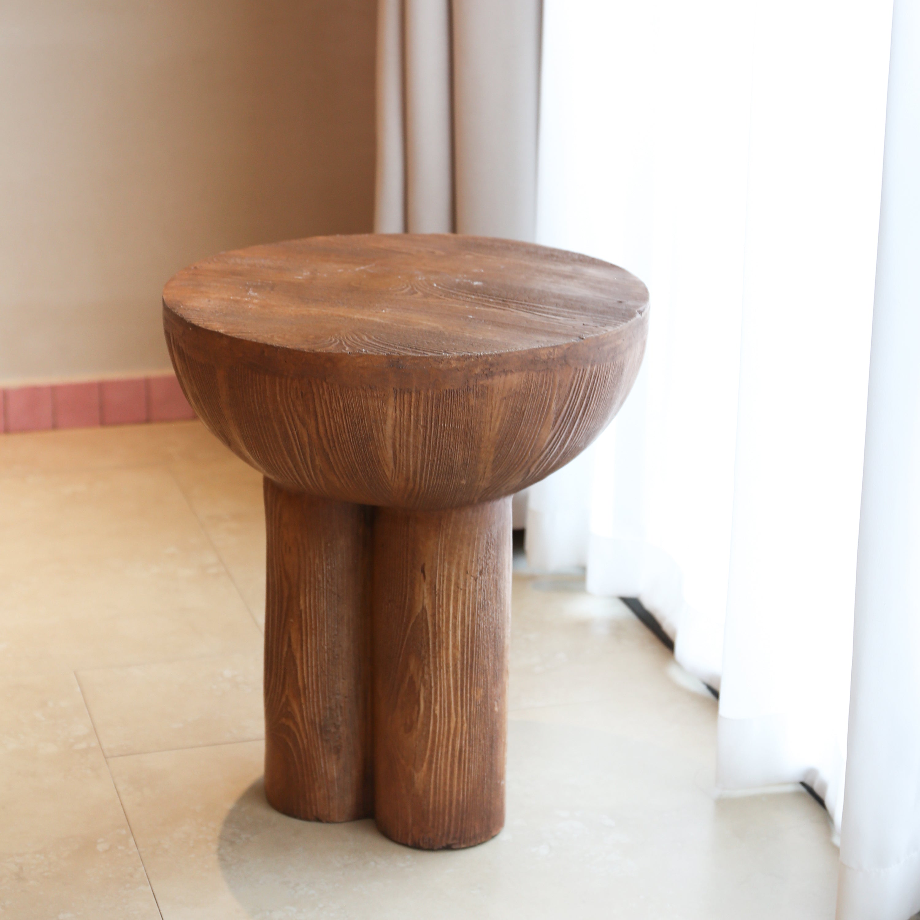 Iris Outdoor Round MGO Side Table Brown Wood-Grain Three-Leg