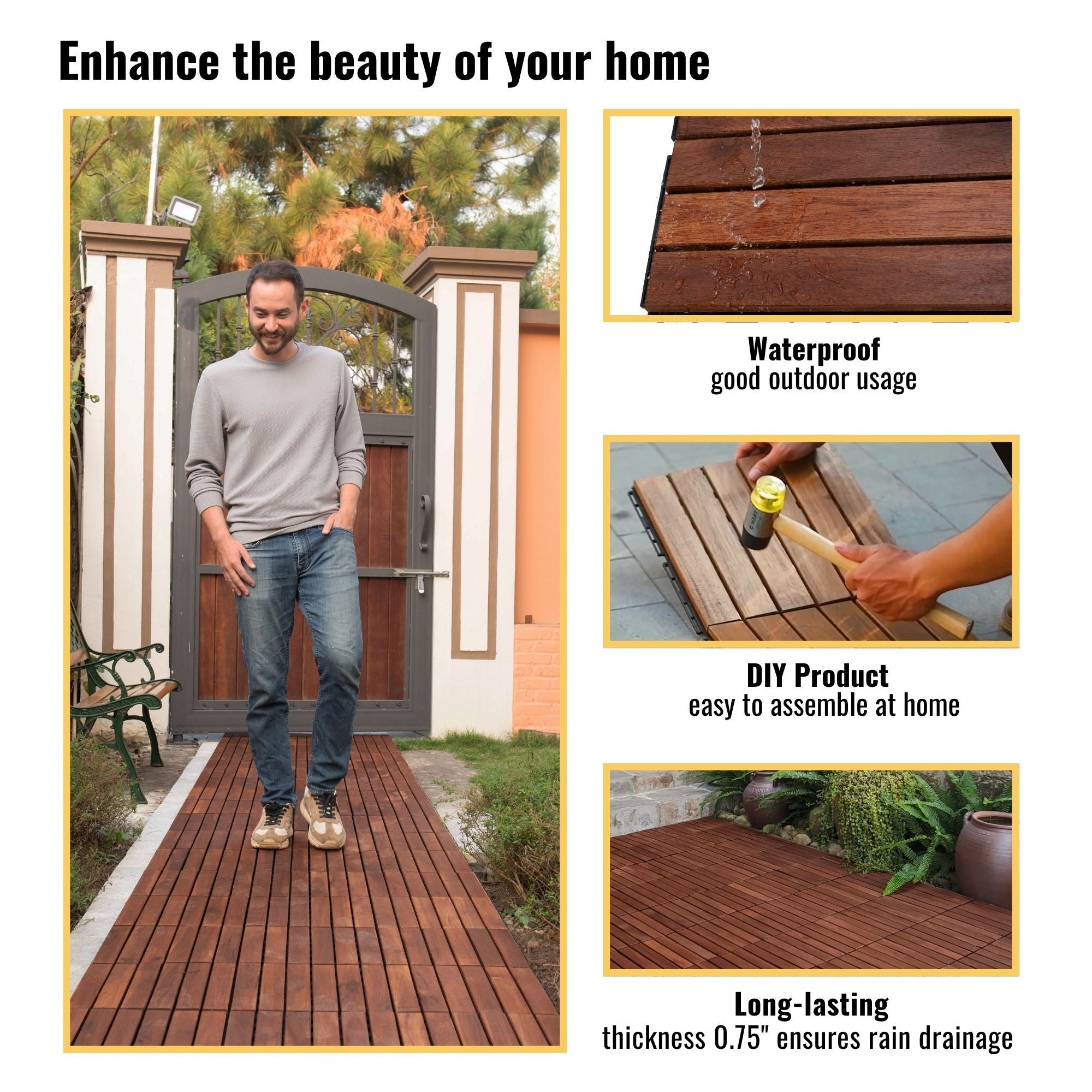 Acacia Hardwood Interlocking Deck Tiles 12" x 12" Patio
