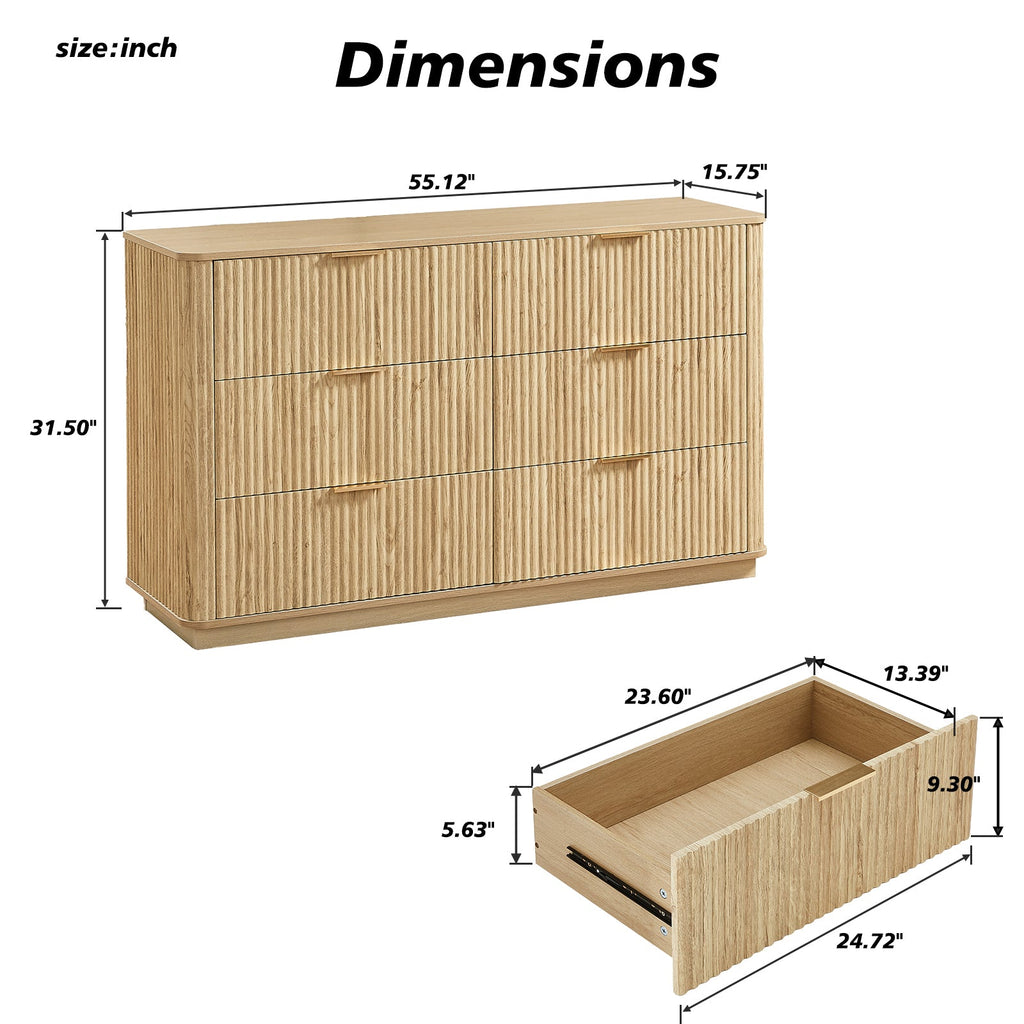6 Drawer Dresser 55"W Curved Wave Design Walnut Wood