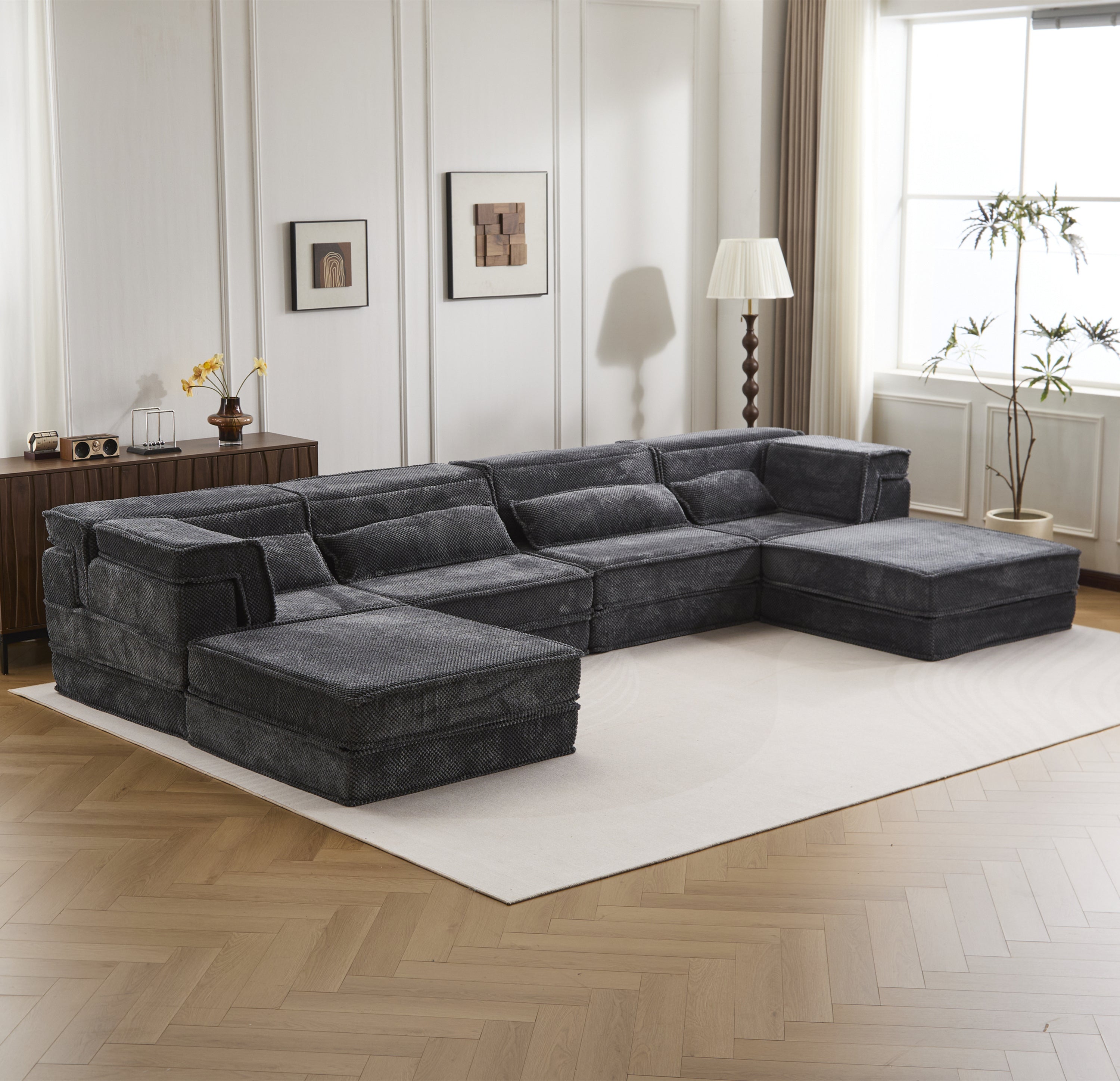 Sectional Sofa Bed Modular Circle Fleece Dark Gray 4 Seat 157 In Convertible