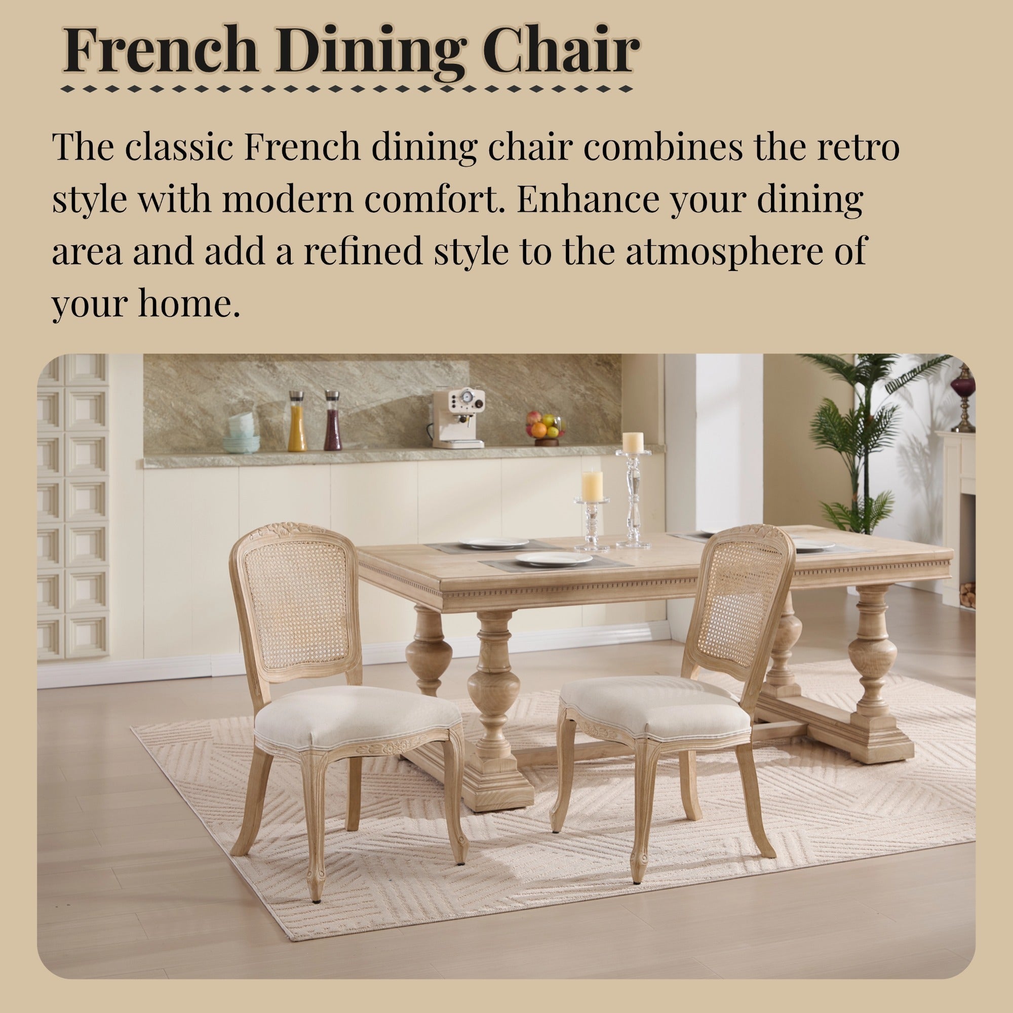 French Country Upholstered Dining Chairs Set of 2, Beige