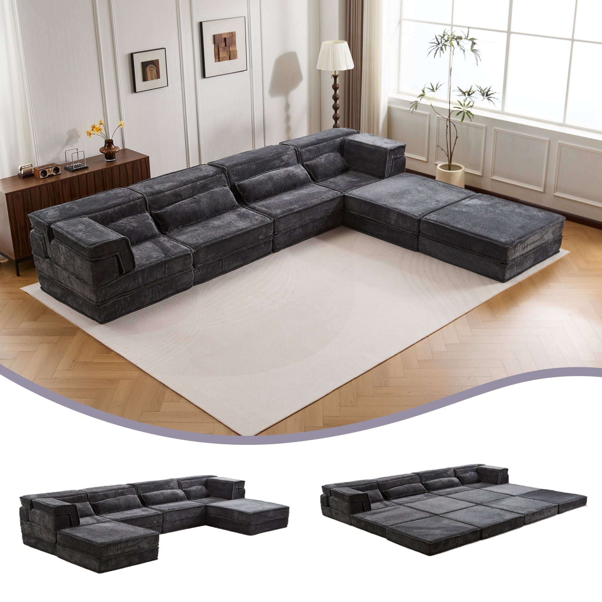Sectional Sofa Bed Modular Circle Fleece Dark Gray 4 Seat 157 In Convertible