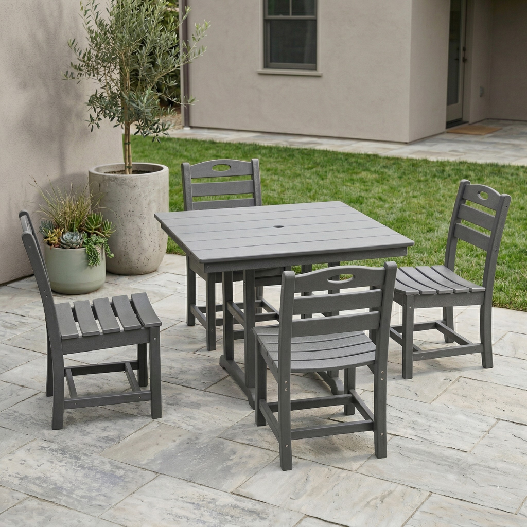 Outdoor Dining Set HDPE Gray 5 Piece Square Table Umbrella Hole Seats 4
