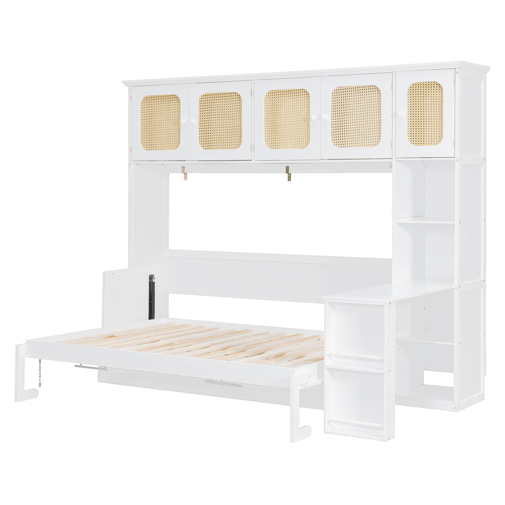 Murphy Bed with Desk and Rattan Cabinets, Warm White