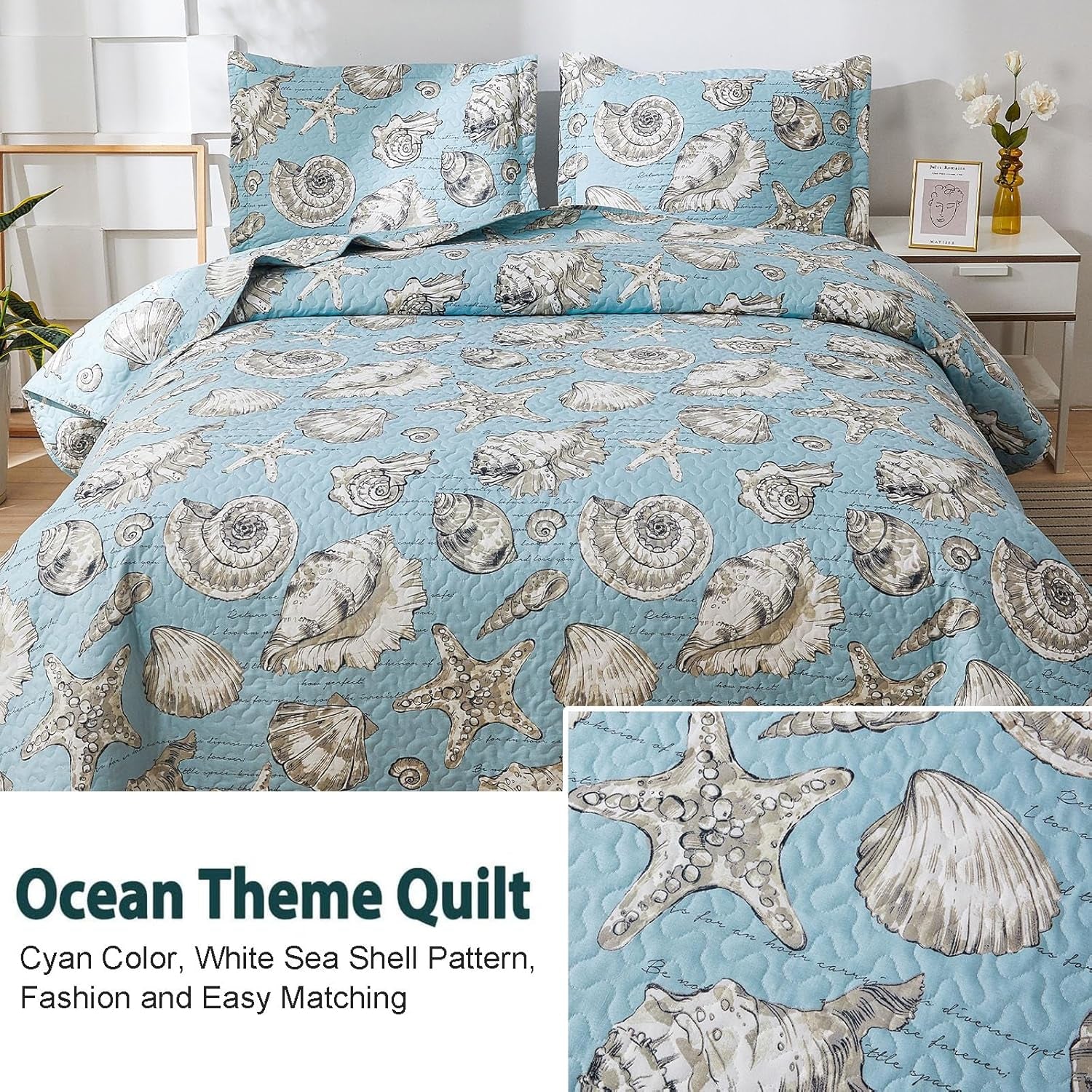 Beach Theme Quilt Set 3PC Seashell Starfish Coastal Ocean Bedspread