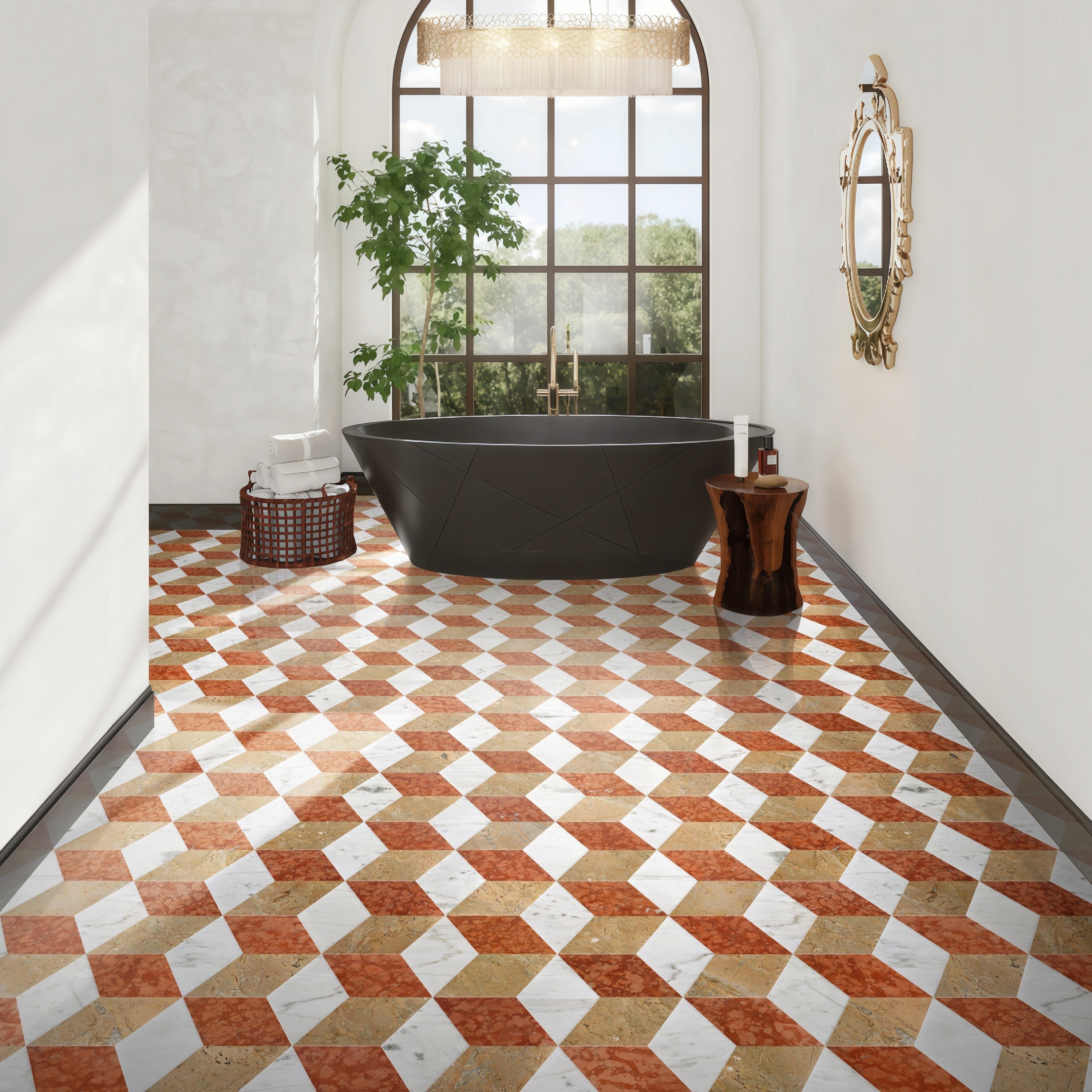 Hexagon Polished Marble Floor Wall Tiles White Gold Red