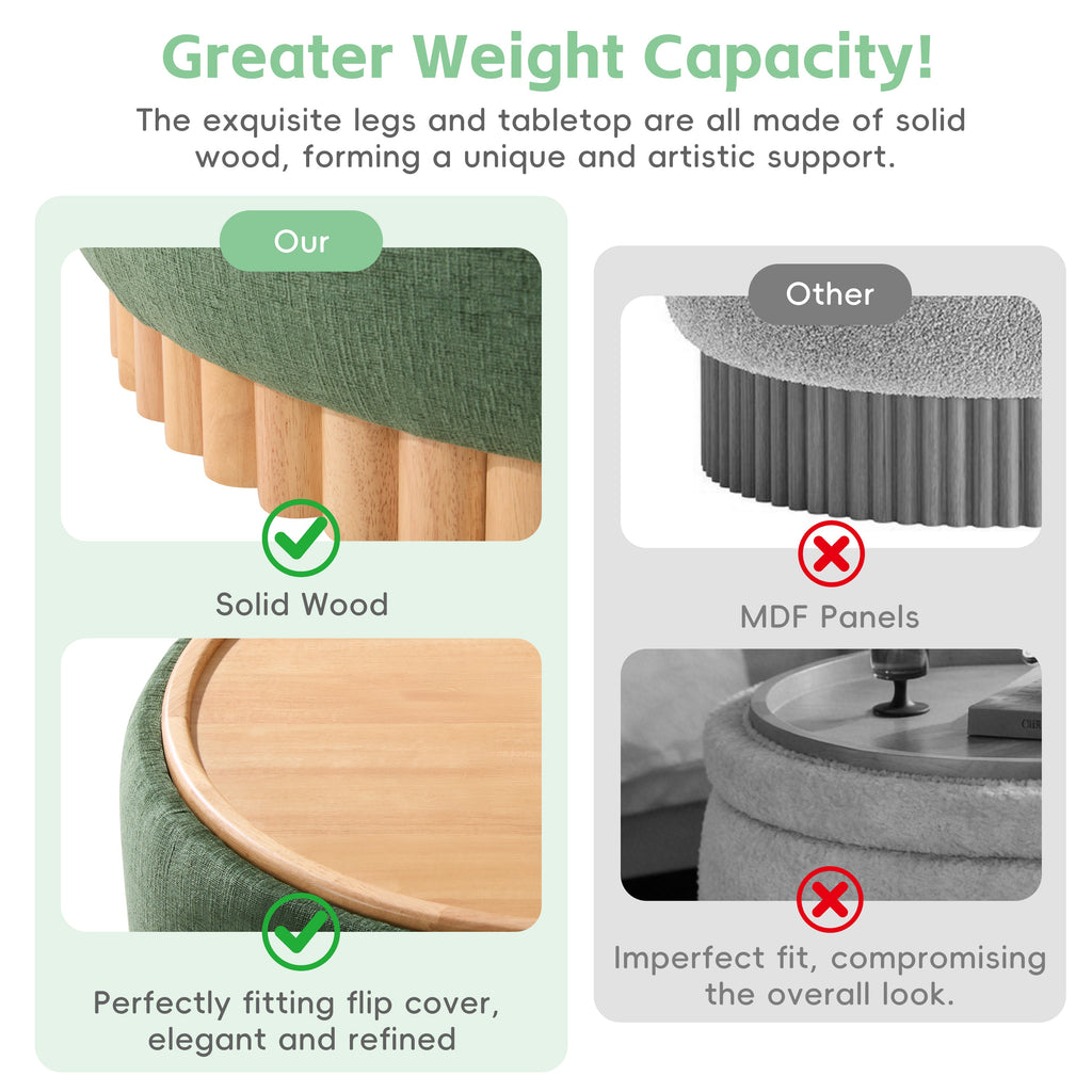 29 Inch Round Storage Ottoman Solid Rubberwood Legs Chenille, Green