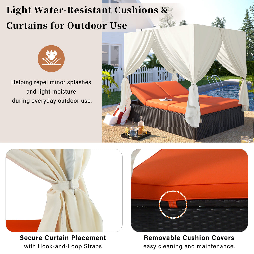 Outdoor Double Chaise Lounge Daybed with Curtains,Patio Outdoor Sunbed with