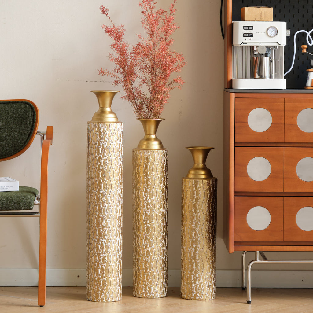 Set of 3 Gold Distressed Metal Vases with Vine Pattern 34