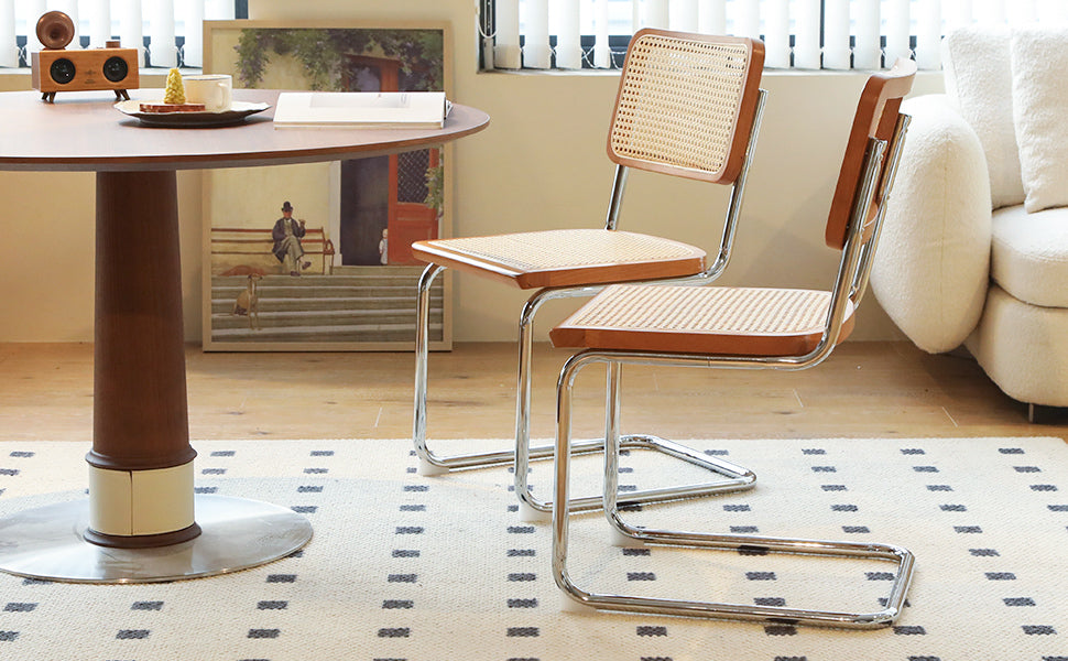 Set of 2 Rattan Side Chairs with Chrome Legs, Mid Century Modern
