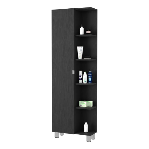 Linen Cabinet with Mirror - Open Shelves - Space Saving - Black