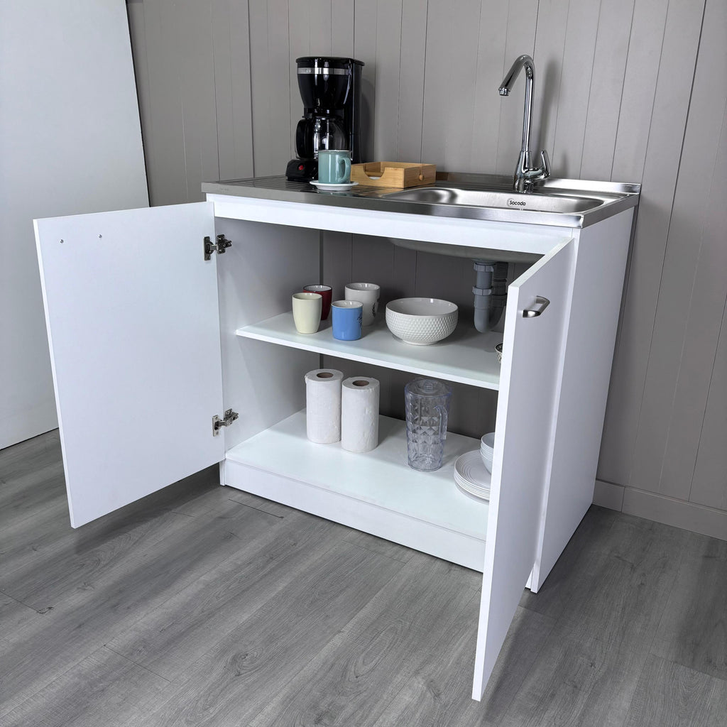 White Double Door Utility Sink Cabinet with Shelf