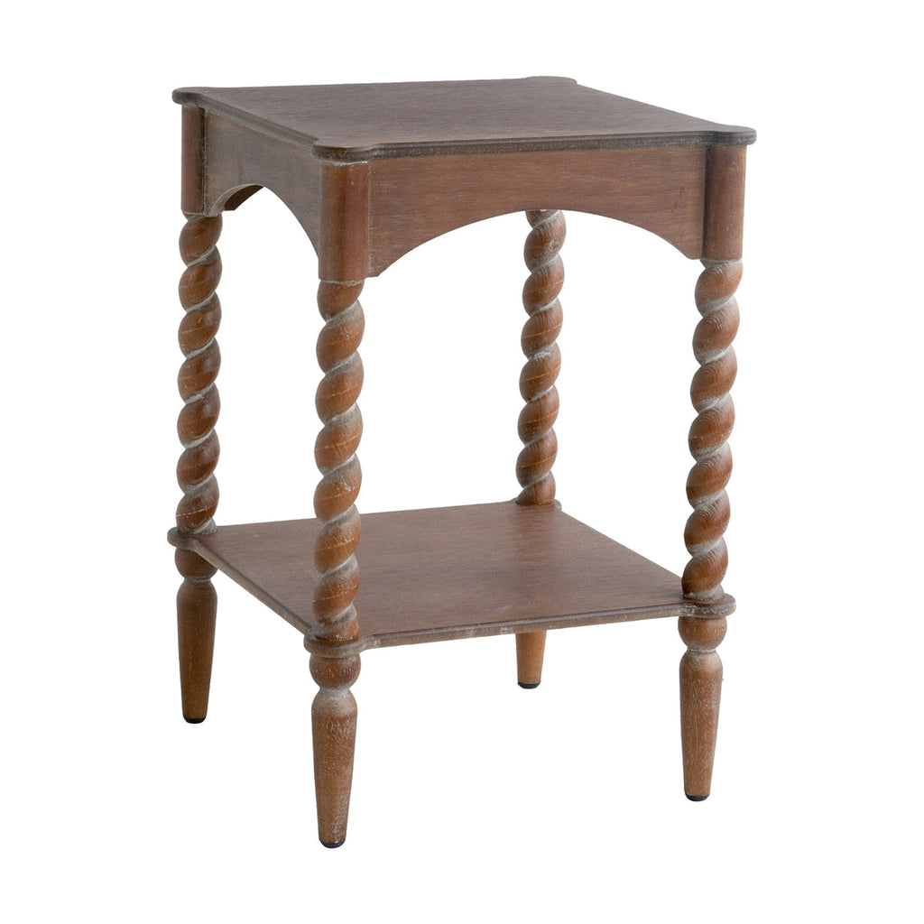 Distressed Brown Wood Side Table Spiral Legs Shelf