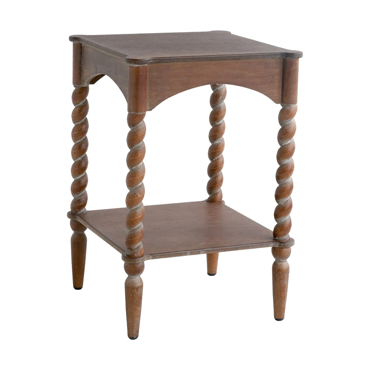 Distressed Brown Wood Side Table Spiral Legs Shelf