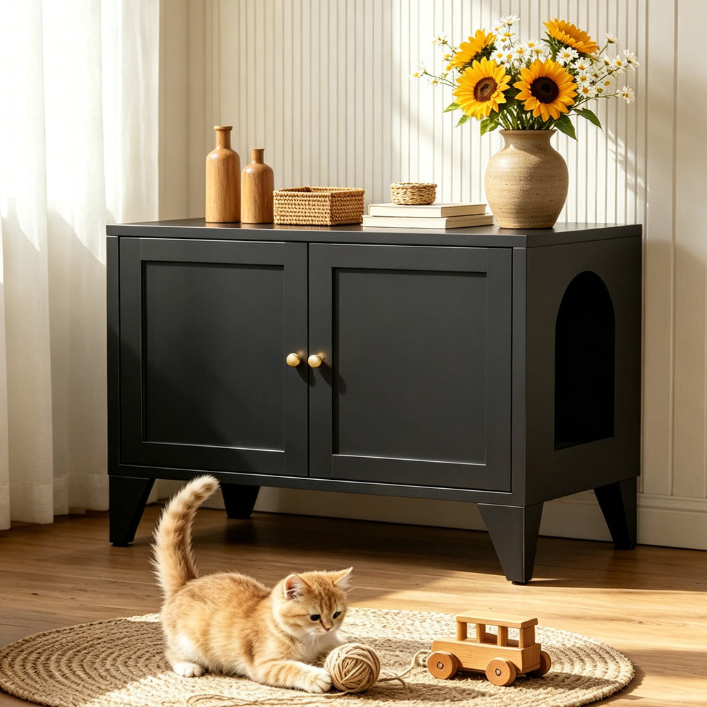 Modern Black Metal Cat Litter Box Enclosure Cabinet Furniture