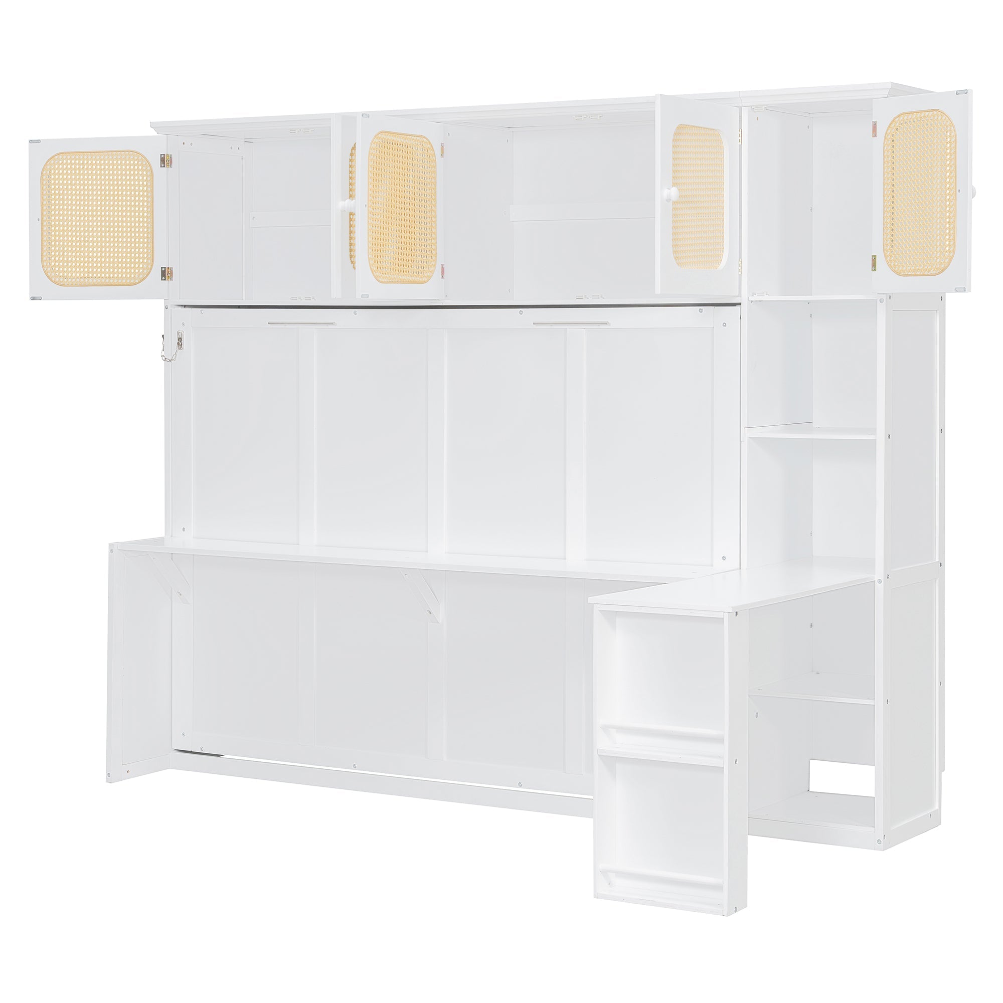 Murphy Bed with Desk and Rattan Cabinets, Warm White