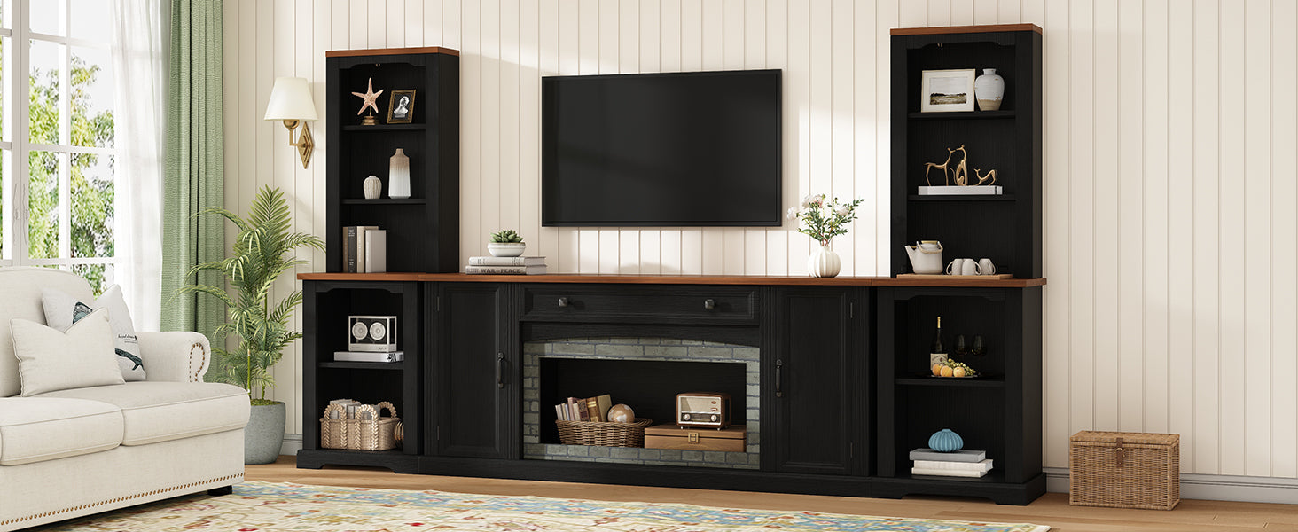 TV Stand 3-Piece Set MDF Walnut Gray Curved Cabinets Fits 70 In TV 109 In