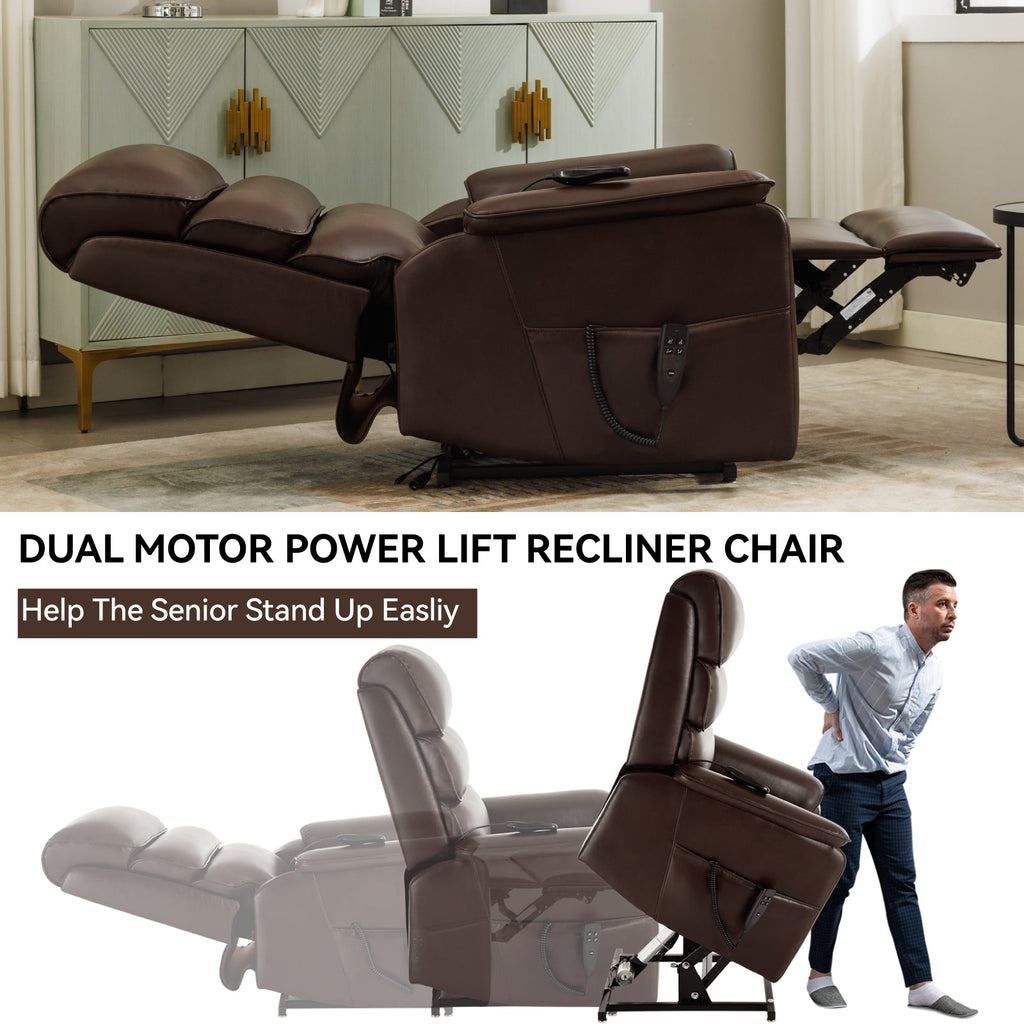 Brown Leather Power Lift Recliner Chair 350 LBS Heat Massage