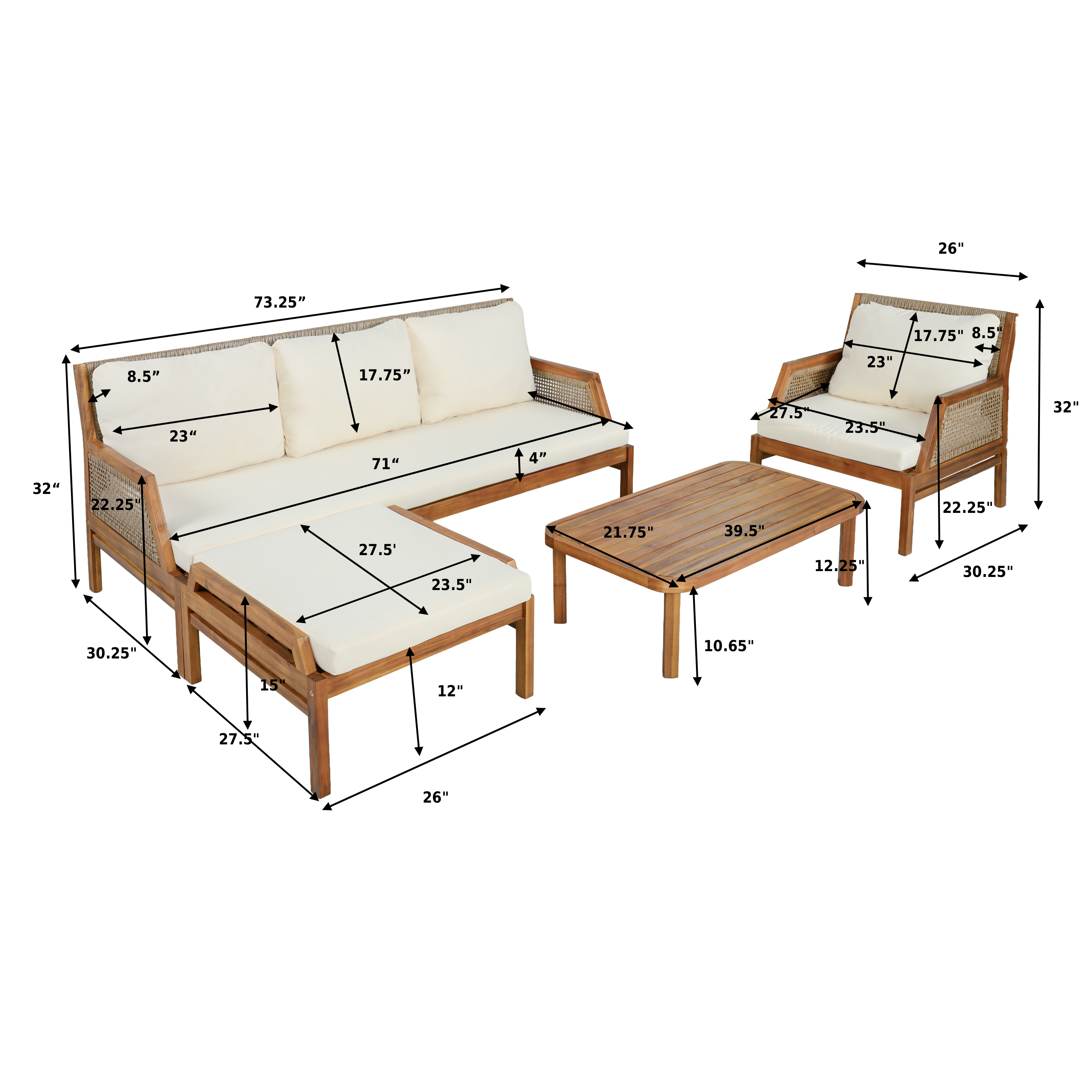 4 Piece Acacia Wood Patio Sectional Sofa Set with Coffee Table