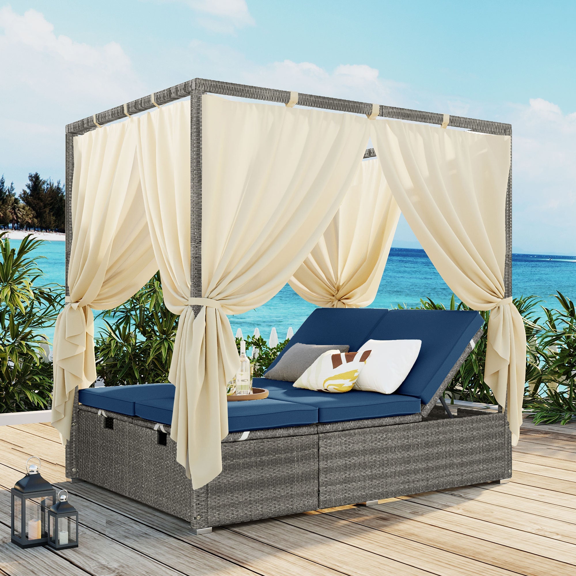 Adjustable Outdoor Sun Lounger with Canopy & Removable Cushion