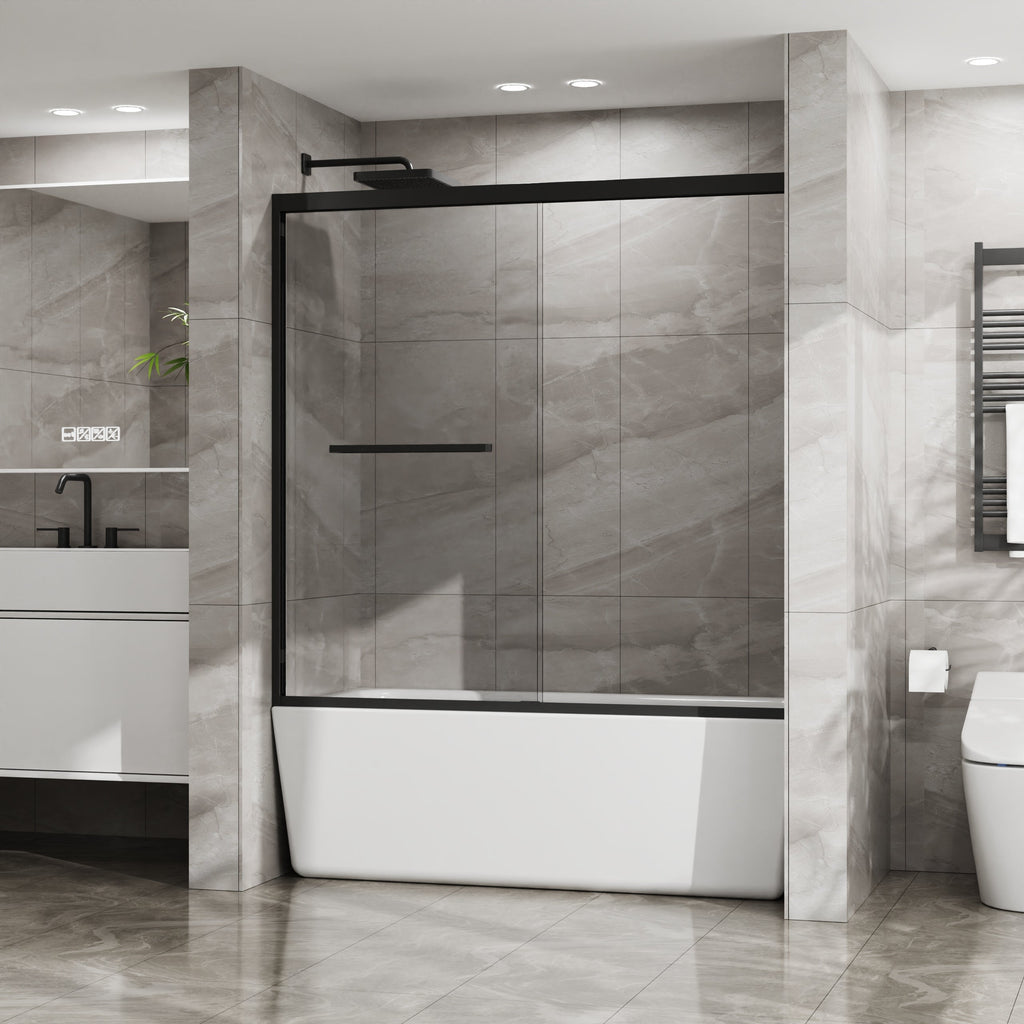 Double Sliding Bathtub Shower Door with SGCC Clear Tempered Glass, Matte Blac