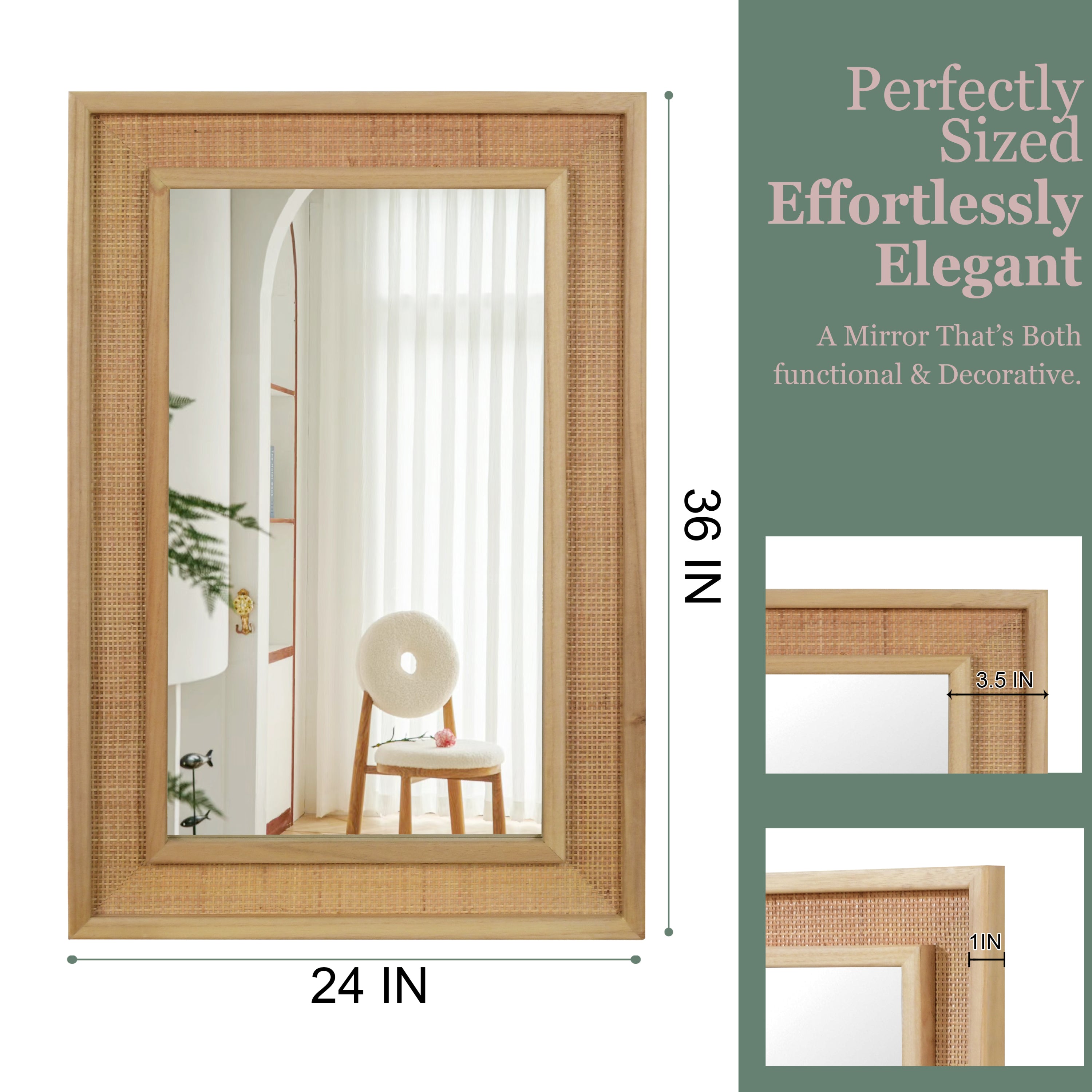 24x36 Rattan Rectangle Wood Frame Mirror