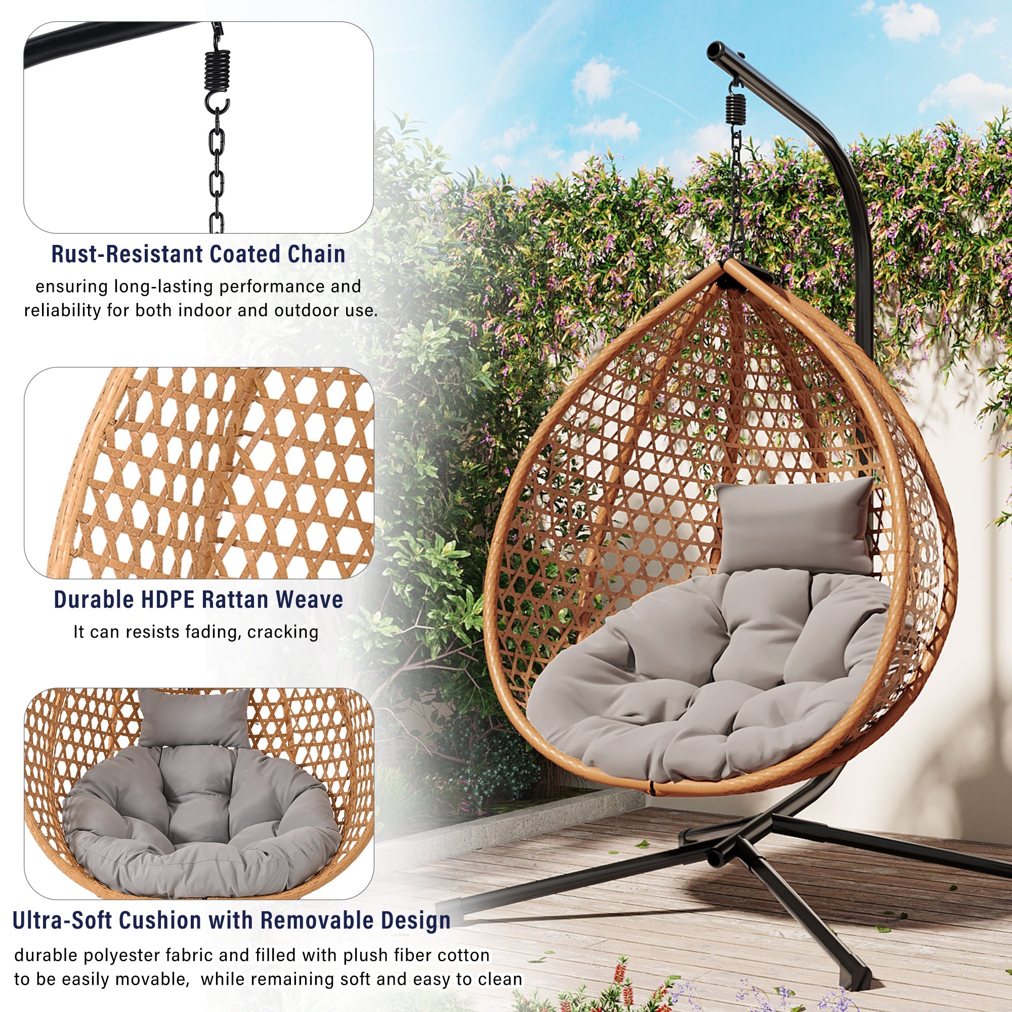 Rattan Hanging Egg Chair with Stand and Cushion