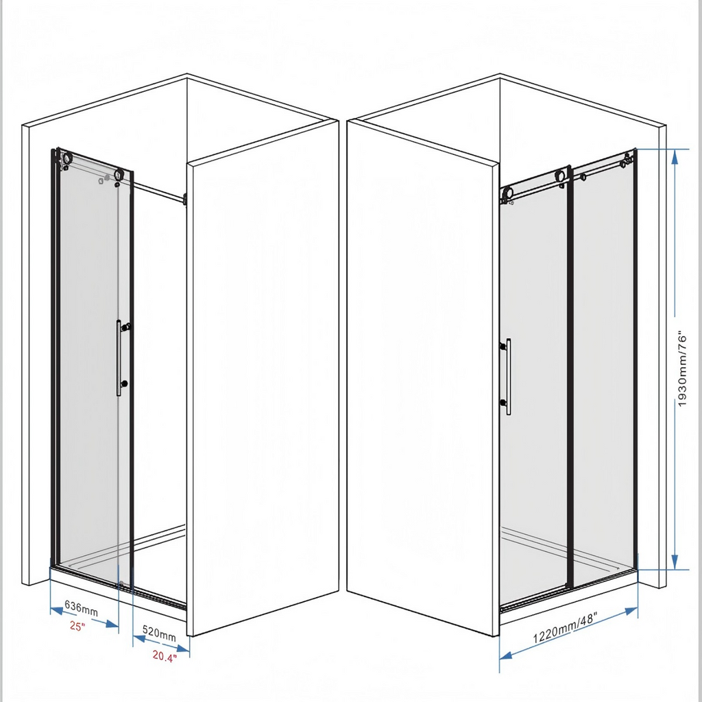 Frameless Shower Door 44-48" W x 76" H Tempered Glass