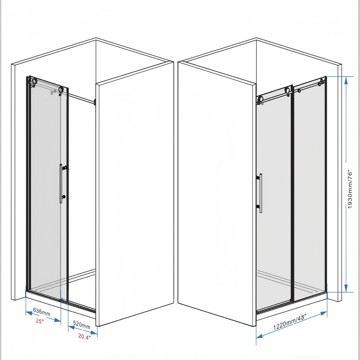Frameless Shower Door 44-48" W x 76" H Tempered Glass